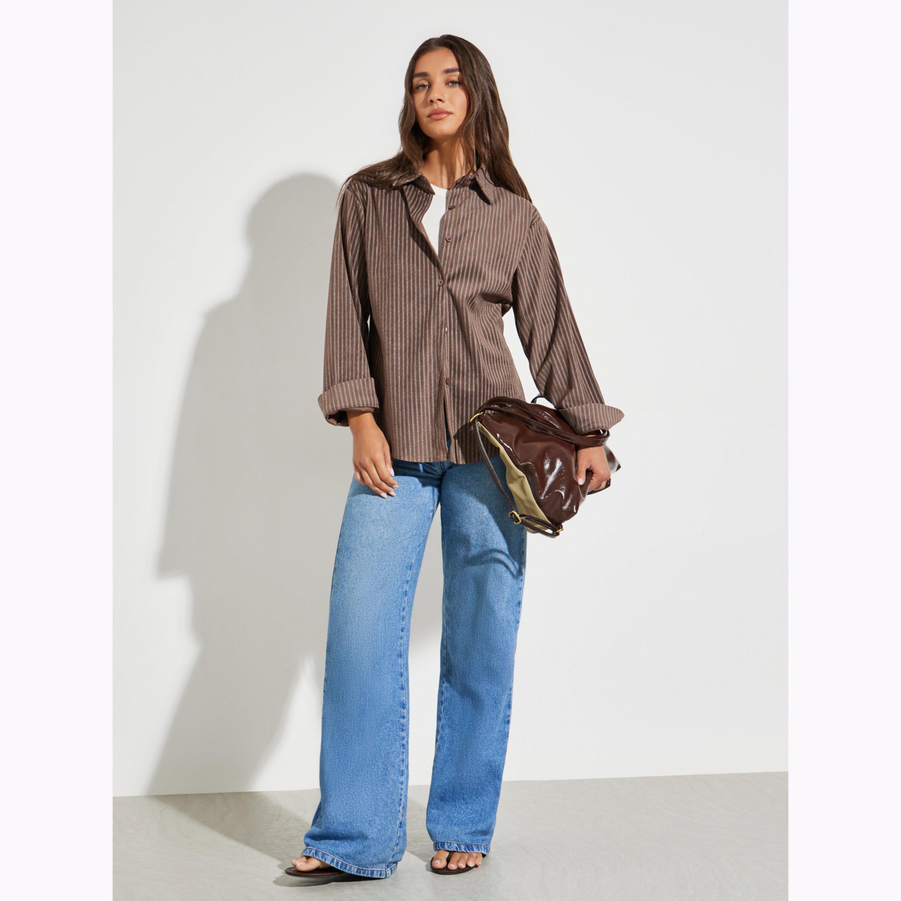 Styli Brown Striped Long Sleeve Oversized Shirt-women-clothing-shirtsandblouses-shirts-image-2
