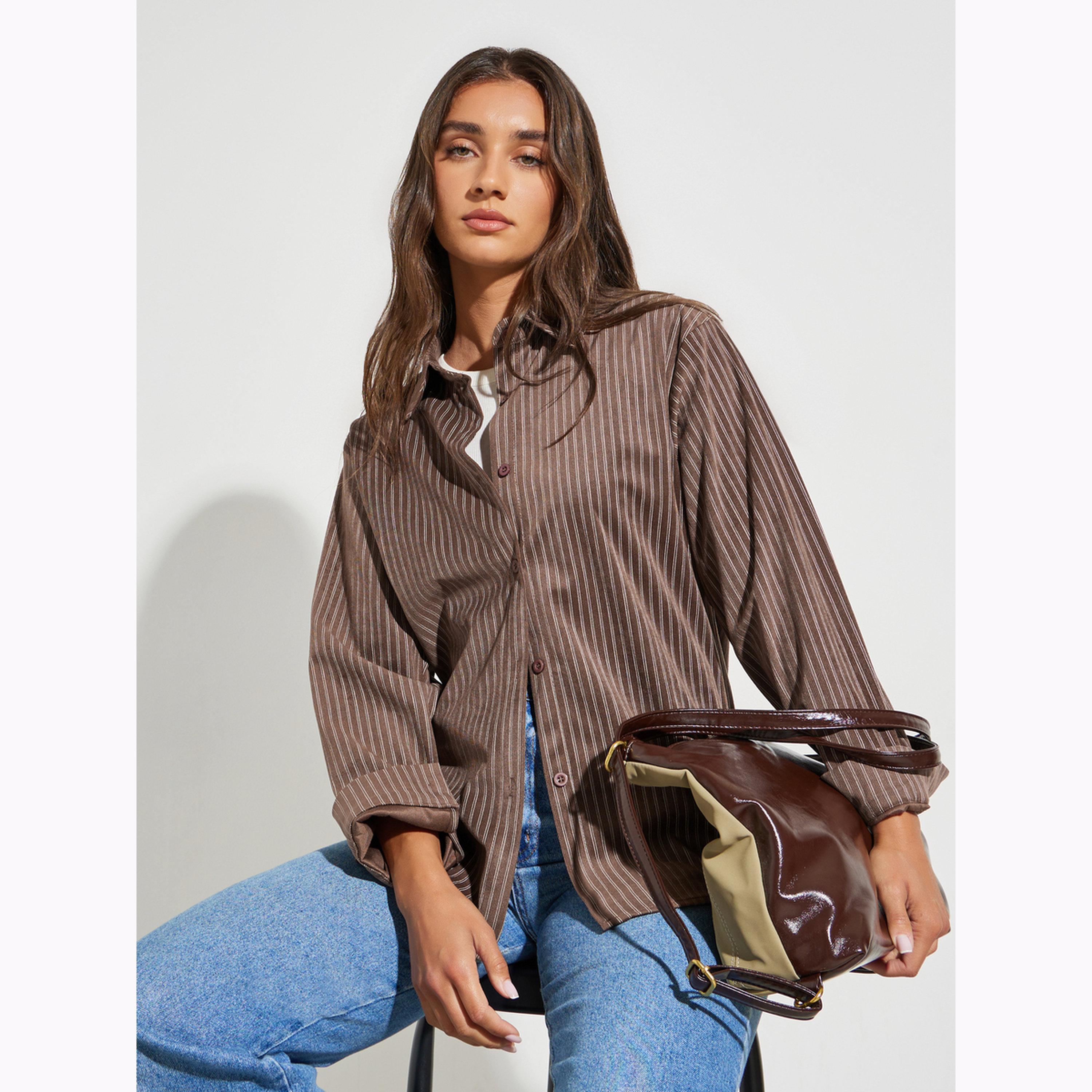 Styli Brown Striped Long Sleeve Oversized Shirt-women-clothing-shirtsandblouses-shirts-image-3