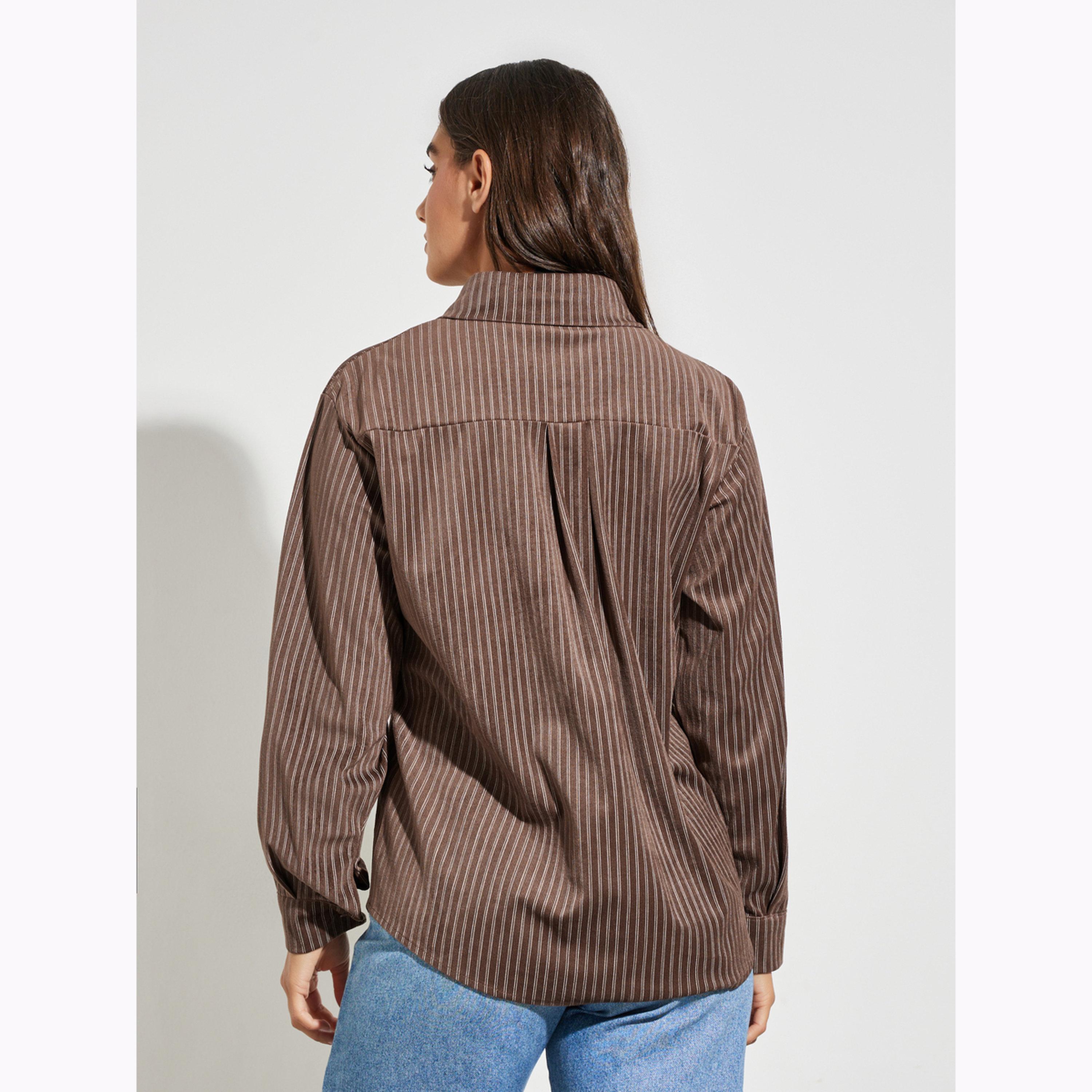 بلوزة فضفاضة مخططة بأكمام طويلة بلون بني-women-clothing-shirtsandblouses-shirts-image-4