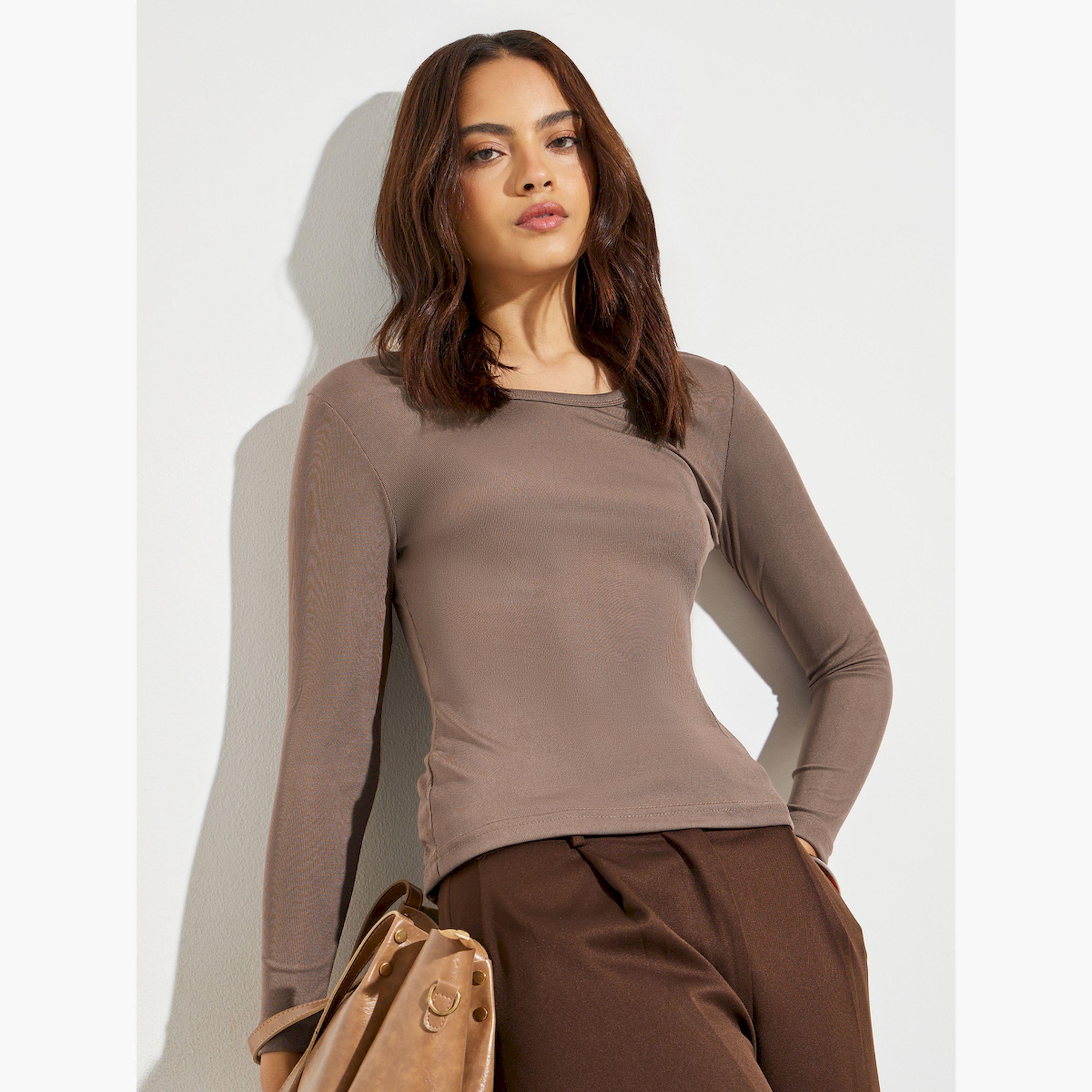 بلوزة محبوكة مضلعة بياقة دائرية-women-clothing-tshirts-image-1