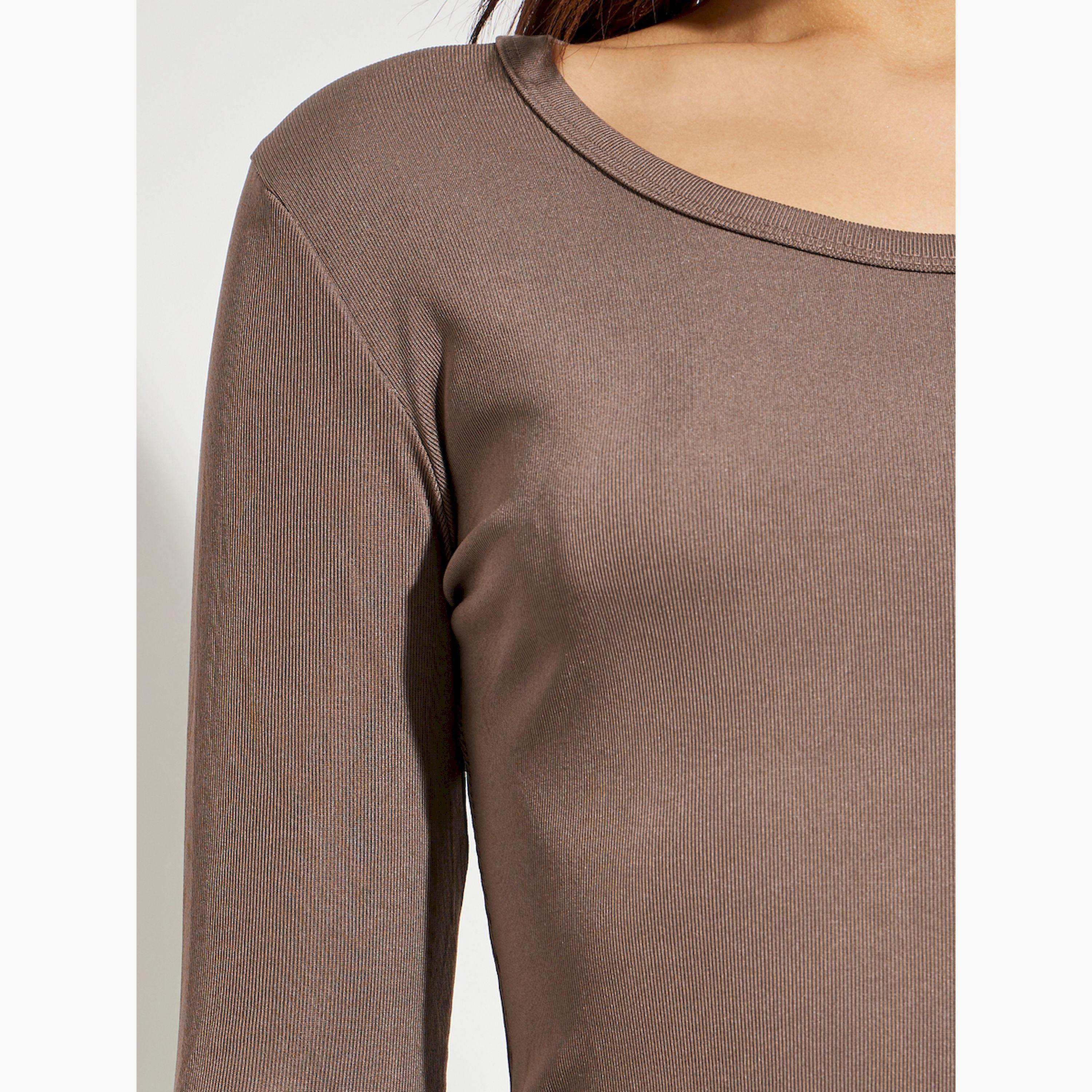 Styli Brown Round Neck Ribbed Knit Top-women-clothing-tshirts-image-4