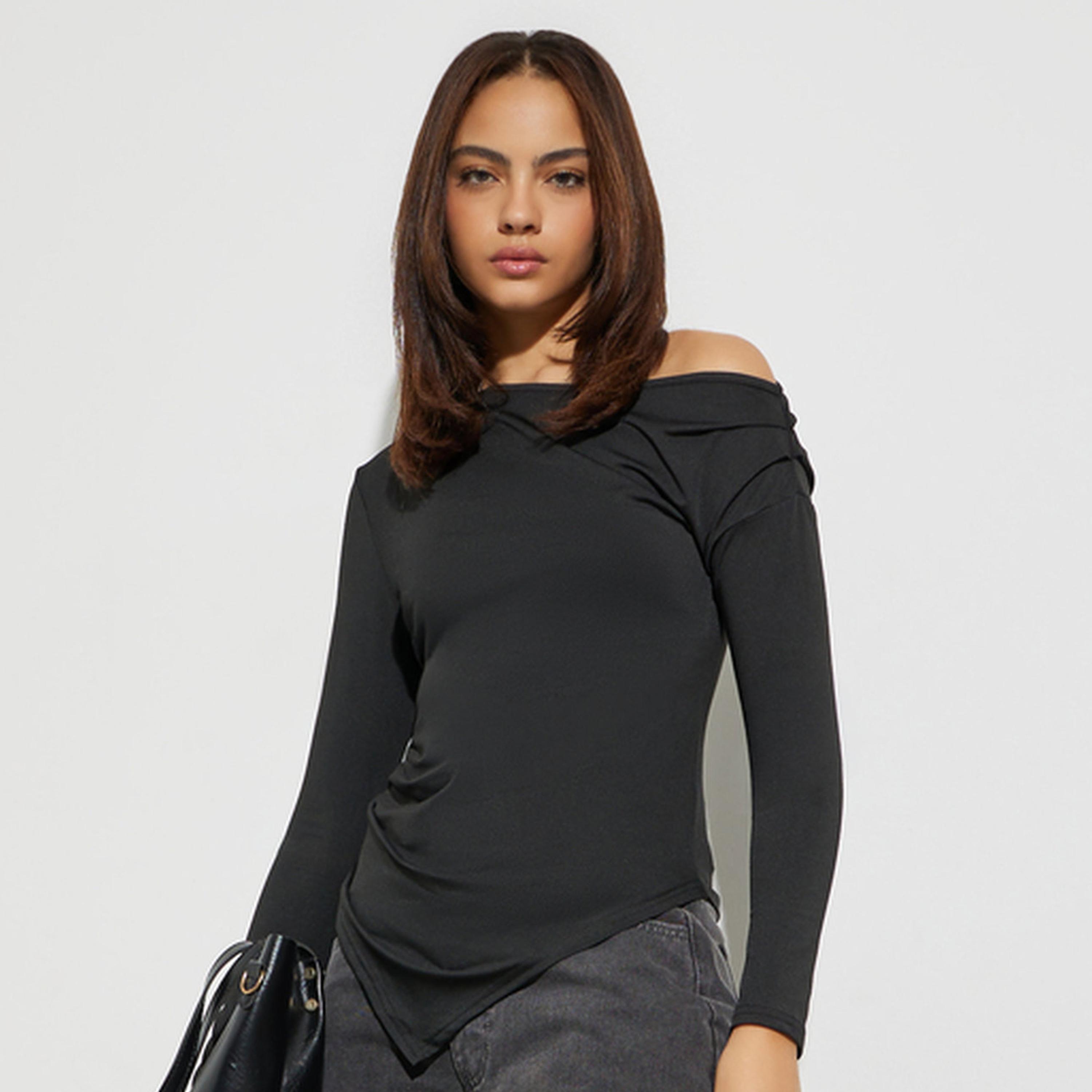 Styli Black Asymmetric Shoulder Long Sleeve Top-women-clothing-shirtsandblouses-blouses-image-1