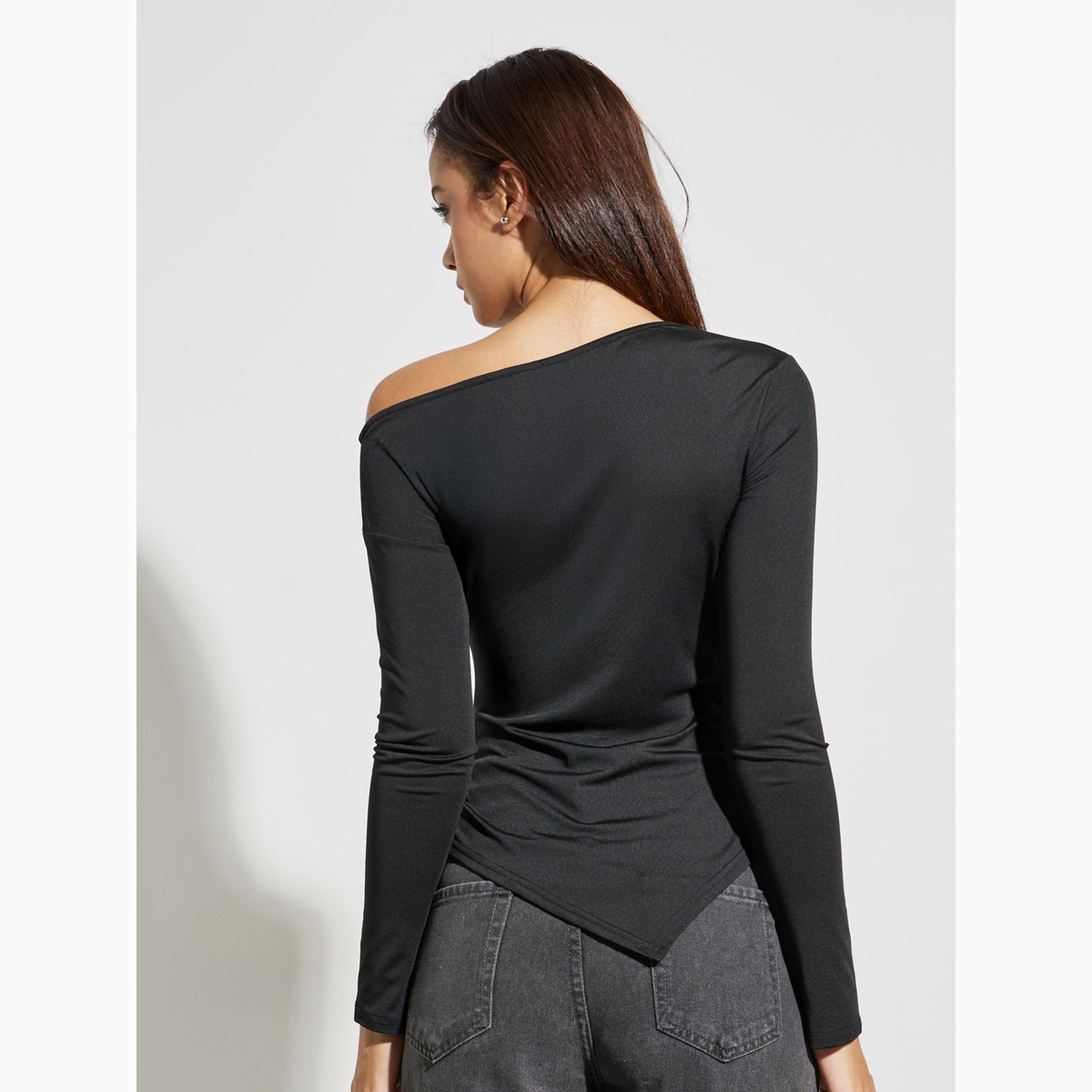 Styli Black Asymmetric Shoulder Long Sleeve Top-women-clothing-shirtsandblouses-blouses-image-4