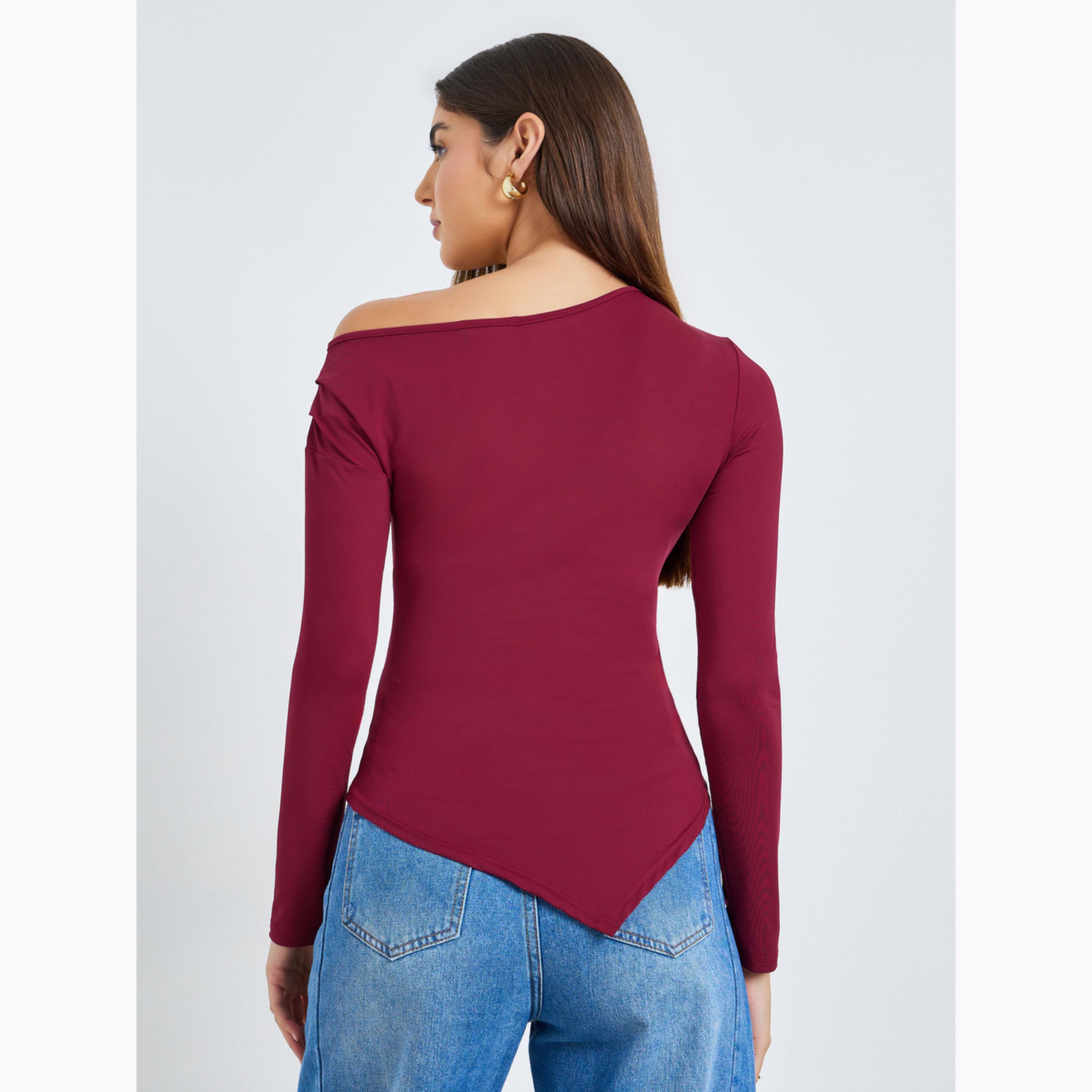 Styli Burgundy Asymmetric Shoulder Long Sleeve Top-women-clothing-shirtsandblouses-blouses-image-3