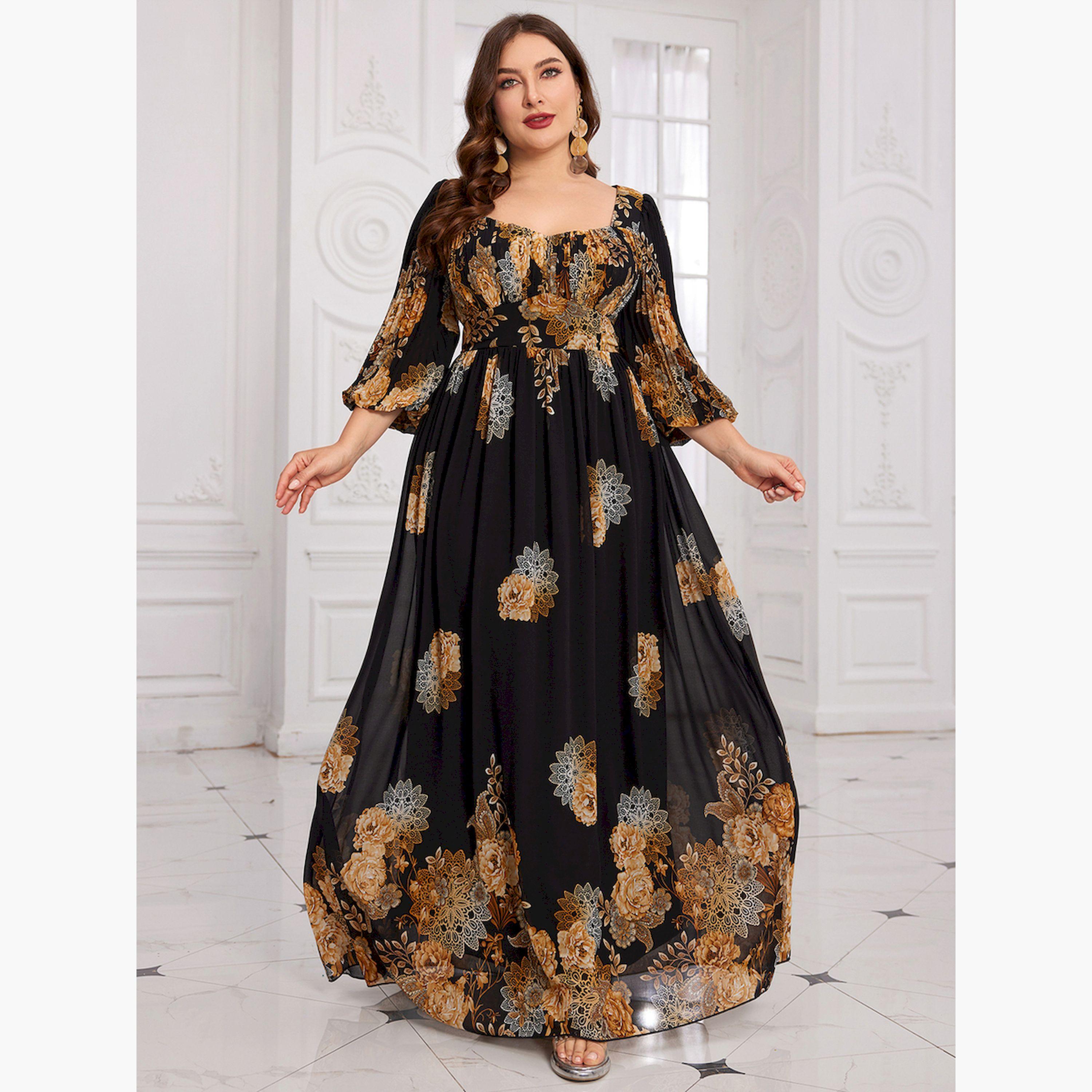 فستان طويل بحافة واسعة وطبعة أزهار بمقاس كبير-women-clothing-dresses-image-1