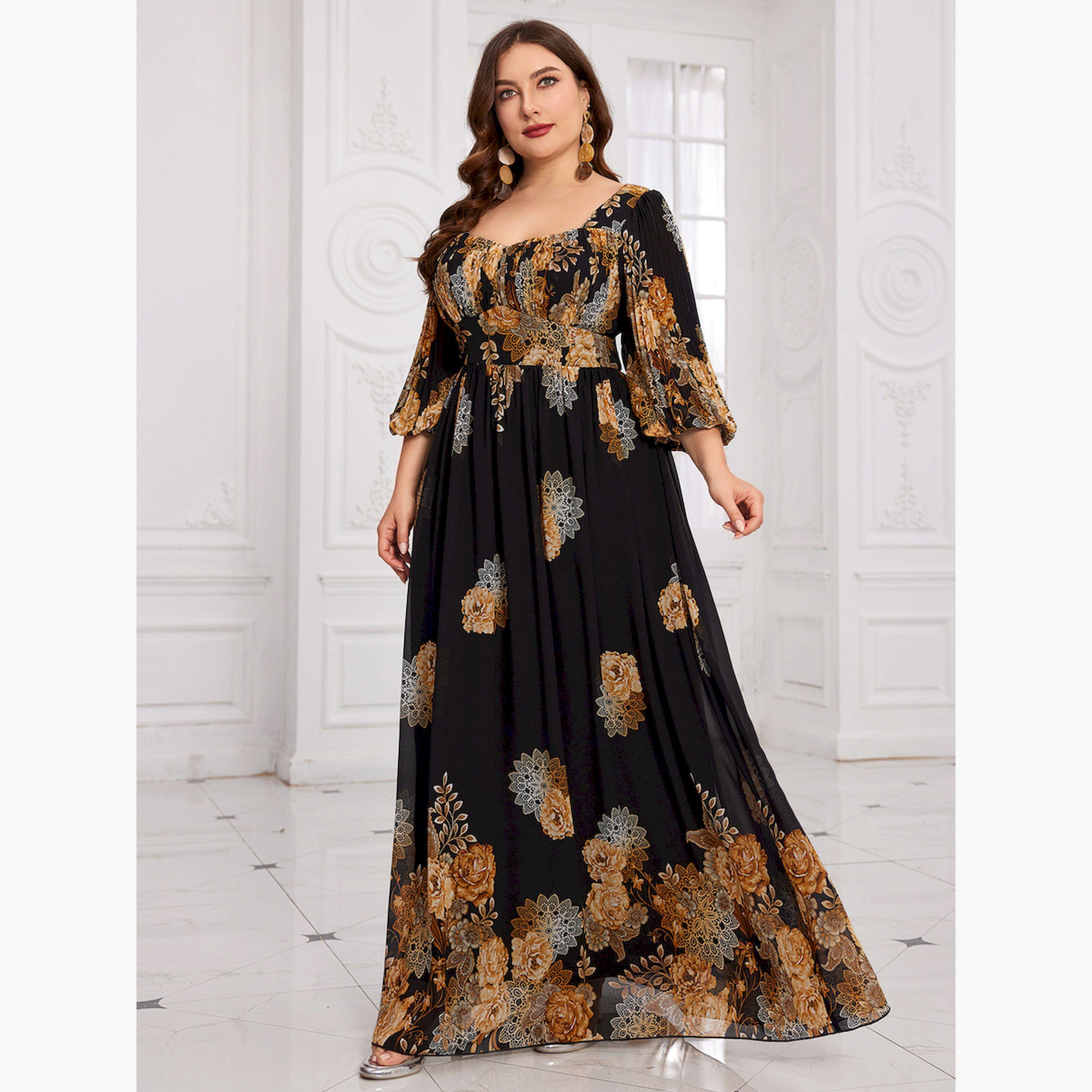 فستان طويل بحافة واسعة وطبعة أزهار بمقاس كبير-women-clothing-dresses-image-3