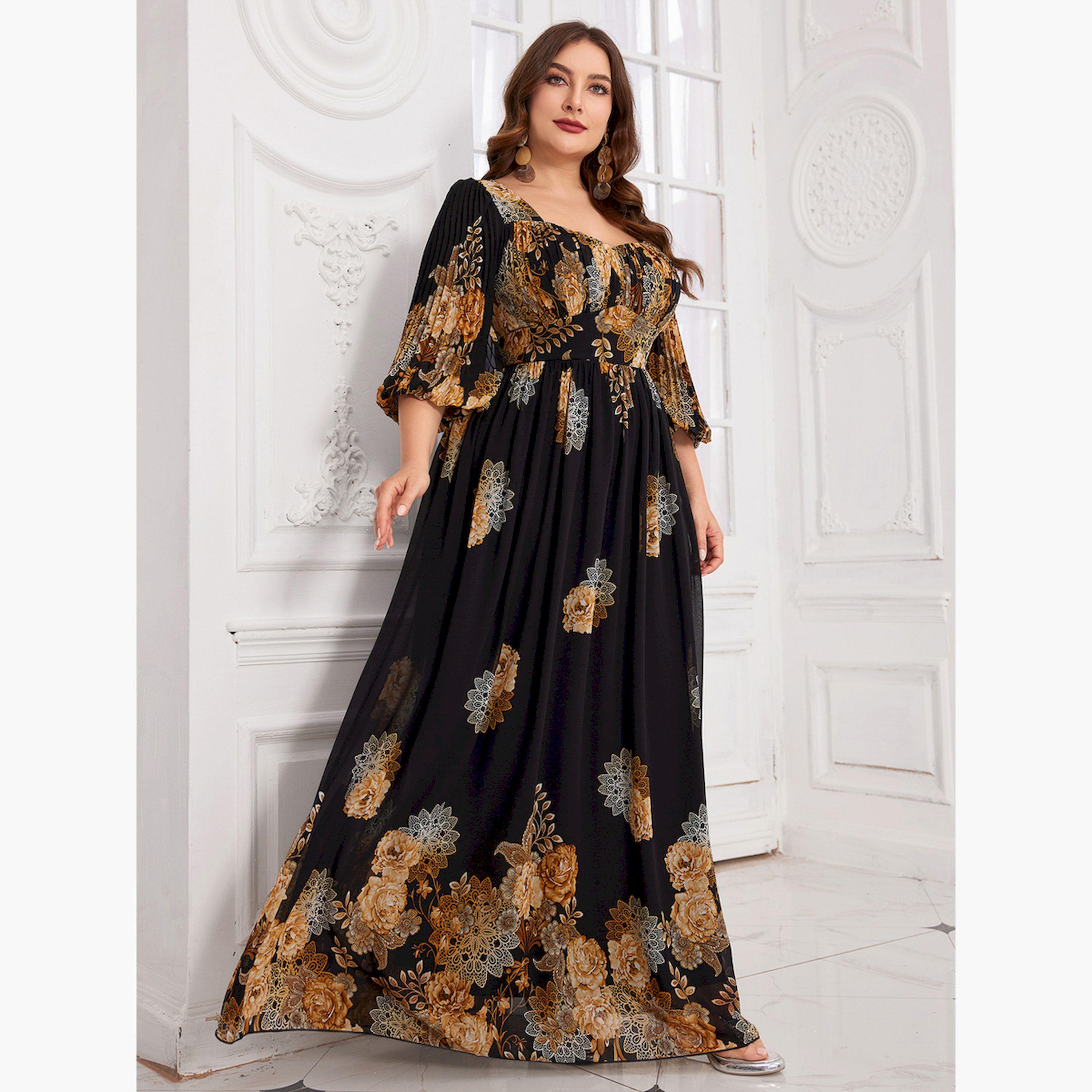 فستان طويل بحافة واسعة وطبعة أزهار بمقاس كبير-women-clothing-dresses-image-4