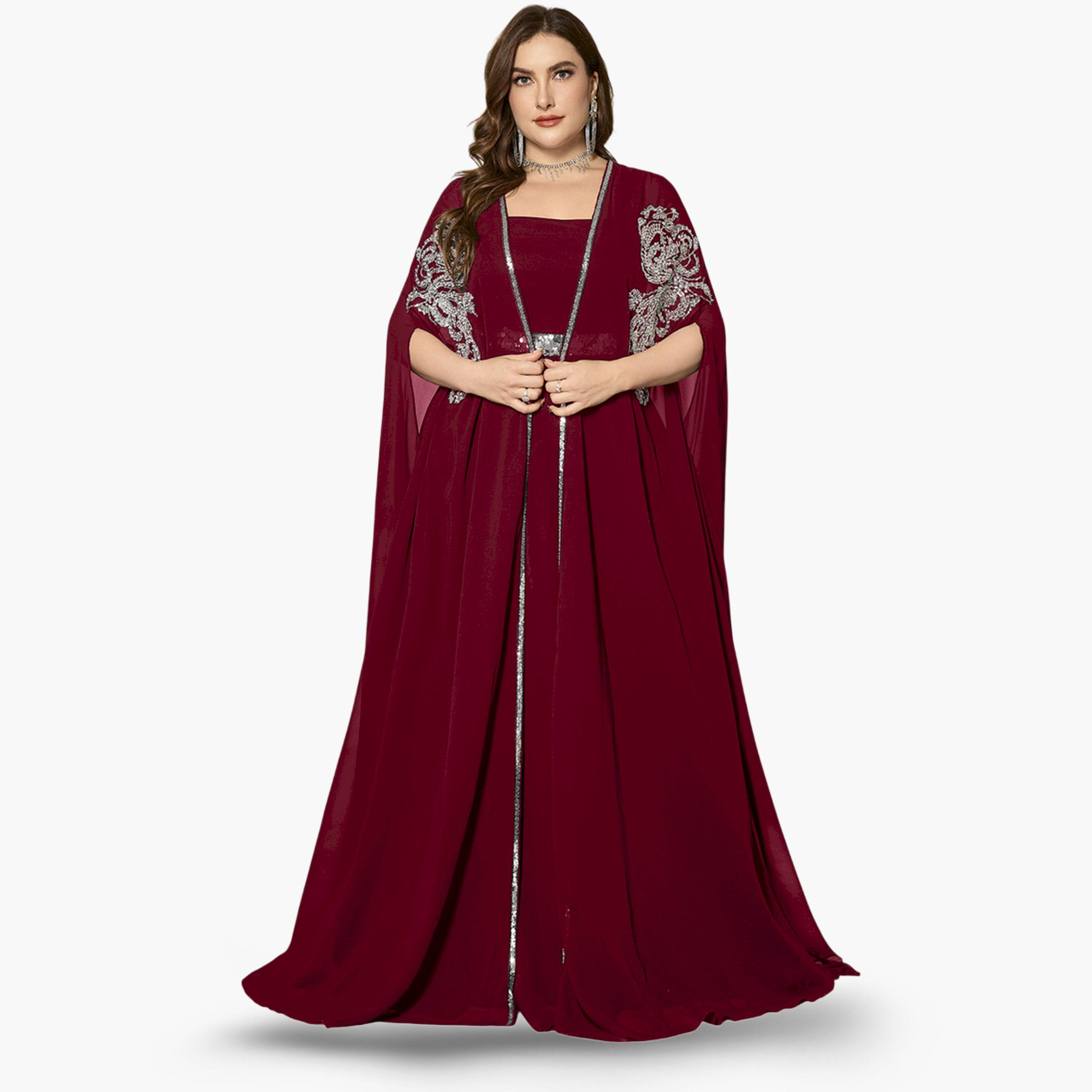 SUPGIR X Styli Plus Size Burgundy Embellished Kimono with Inner Dress Co-Ords-women-clothing-plussize-coordsets-image-1