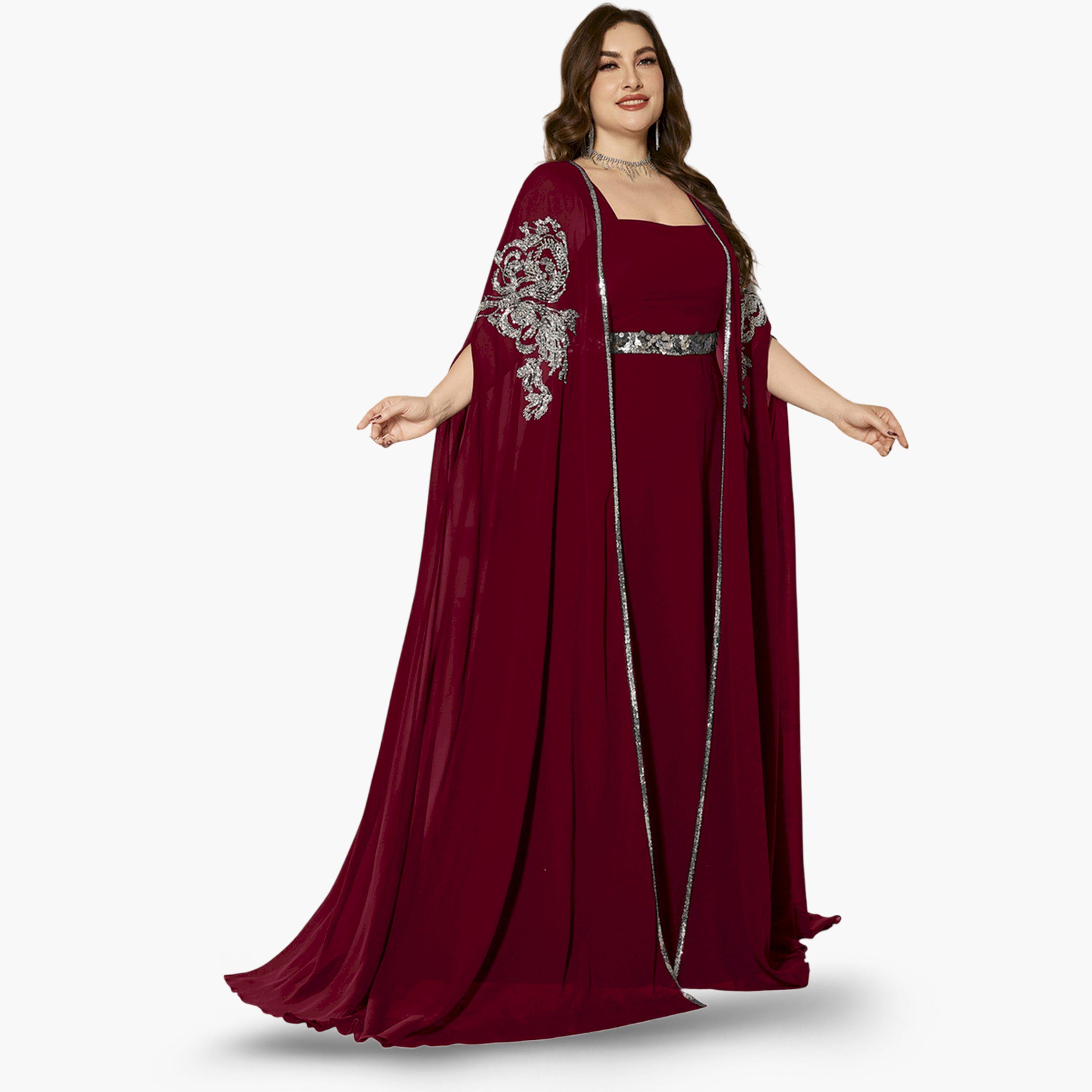 SUPGIR X Styli Plus Size Burgundy Embellished Kimono with Inner Dress Co-Ords-women-clothing-plussize-coordsets-image-3