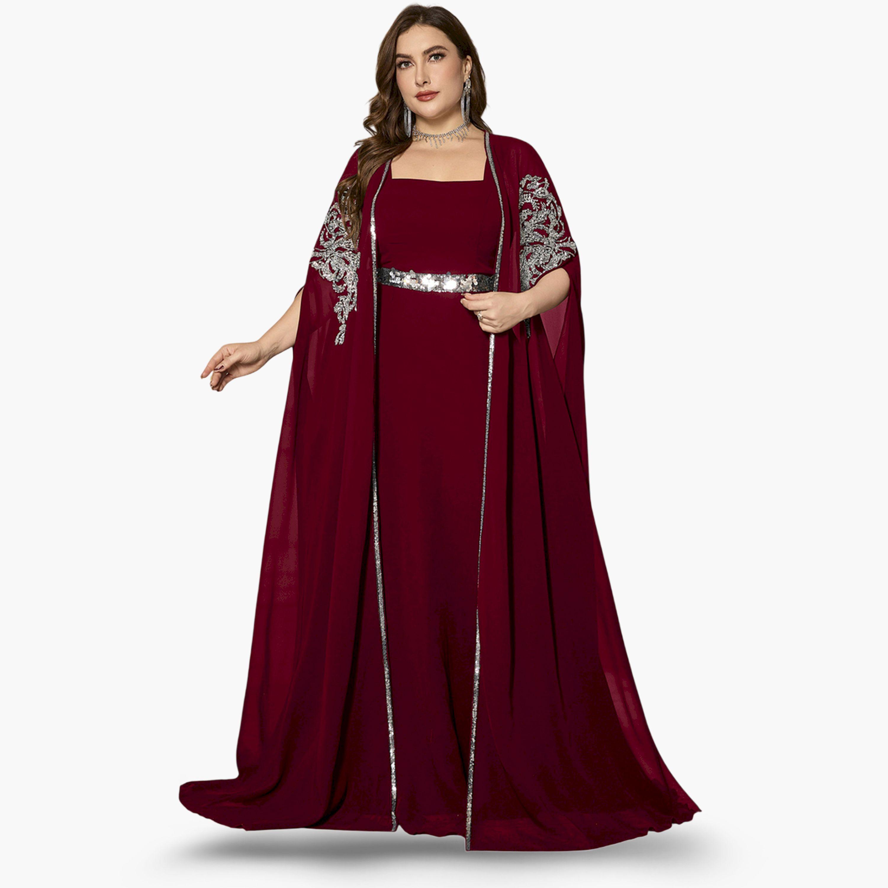 SUPGIR X Styli Plus Size Burgundy Embellished Kimono with Inner Dress Co-Ords-women-clothing-plussize-coordsets-image-4
