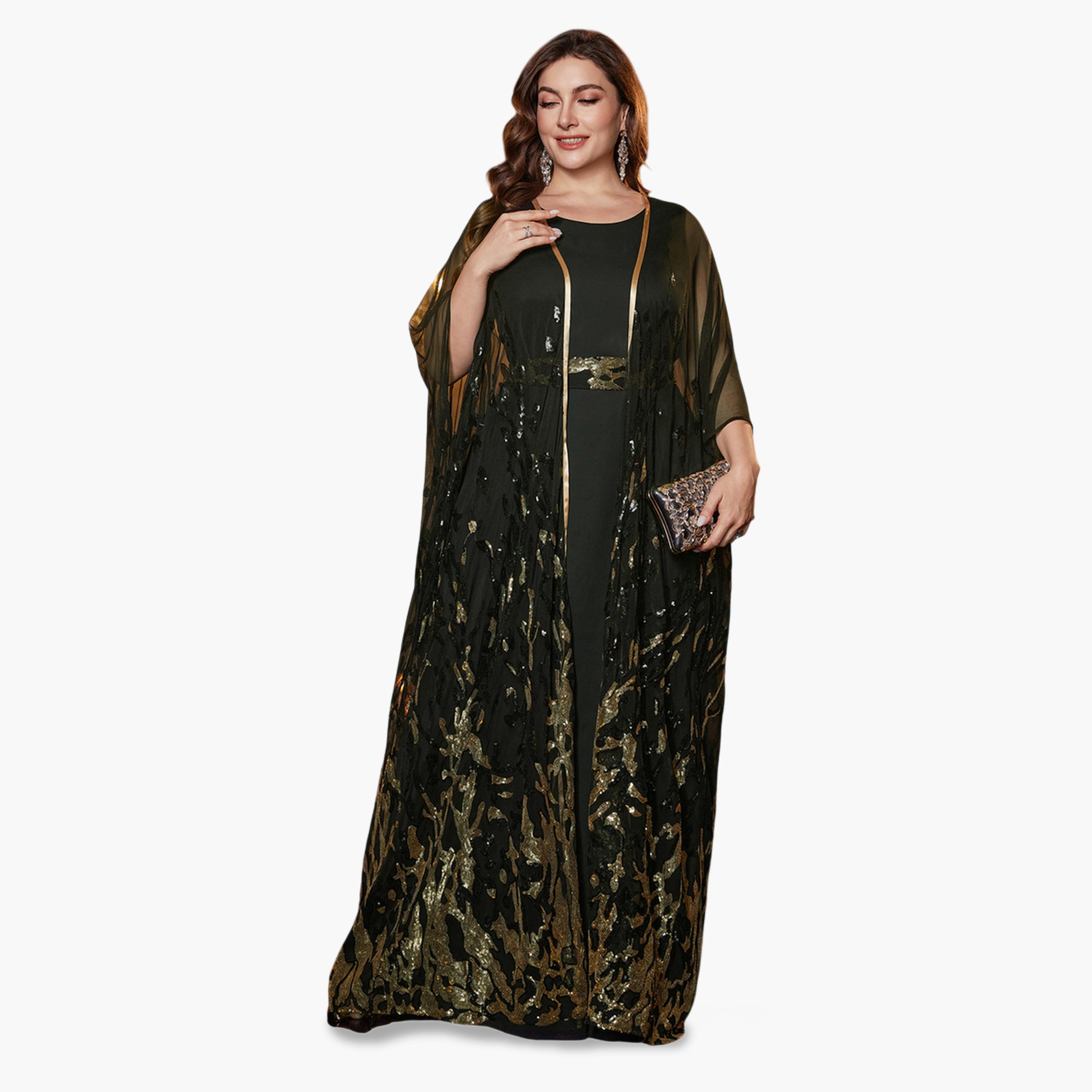 سوبر جير × ستايلي - طقم كيمونو أسود مزين مقاس واسع مع فستان ماكسي-women-clothing-coordsets-image-1