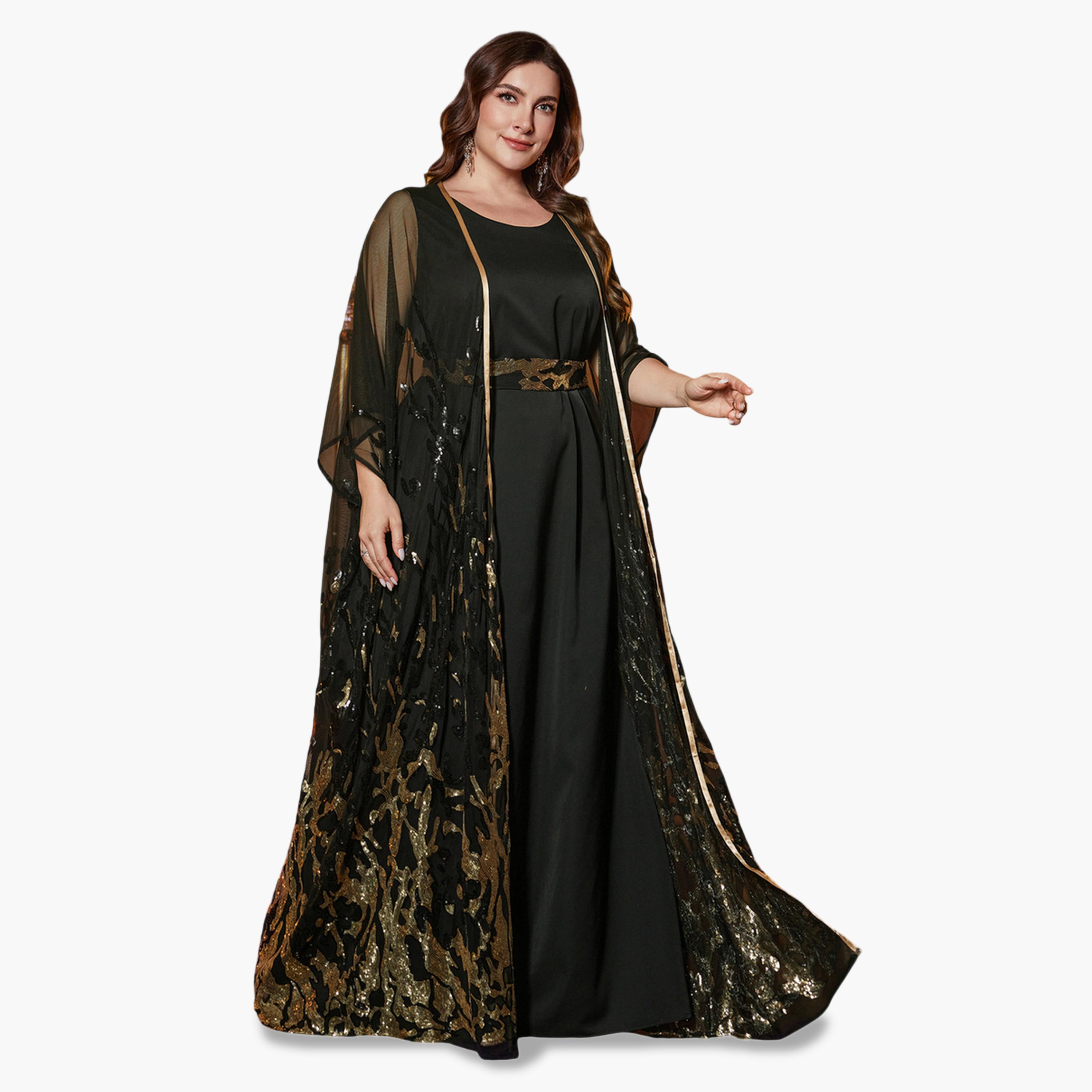 سوبر جير × ستايلي - طقم كيمونو أسود مزين مقاس واسع مع فستان ماكسي-women-clothing-coordsets-image-4
