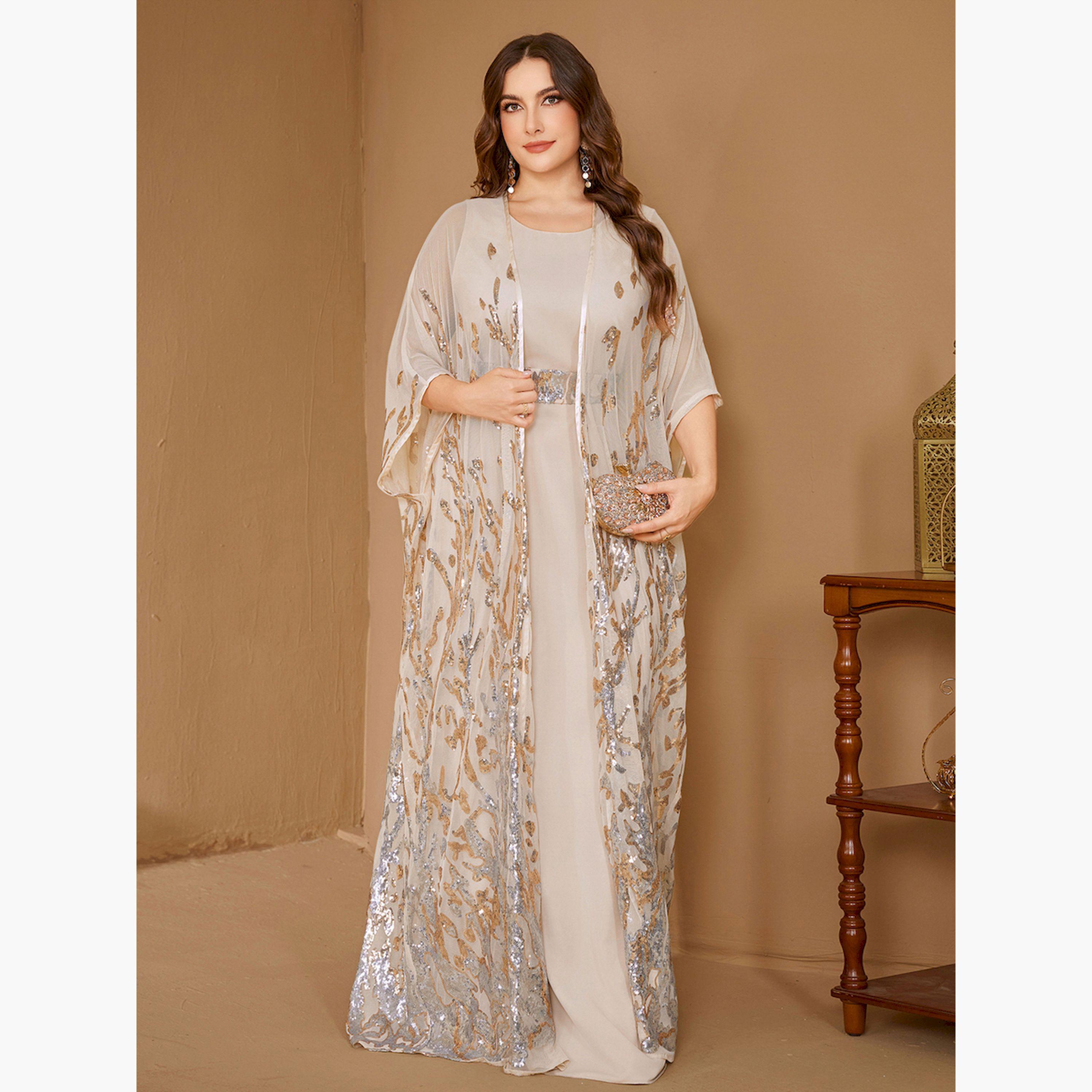 SUPGIR X Styli Plus Size Beige Embellished Kimono with Inner Dress Co-Ords-women-clothing-plussize-coordsets-image-1