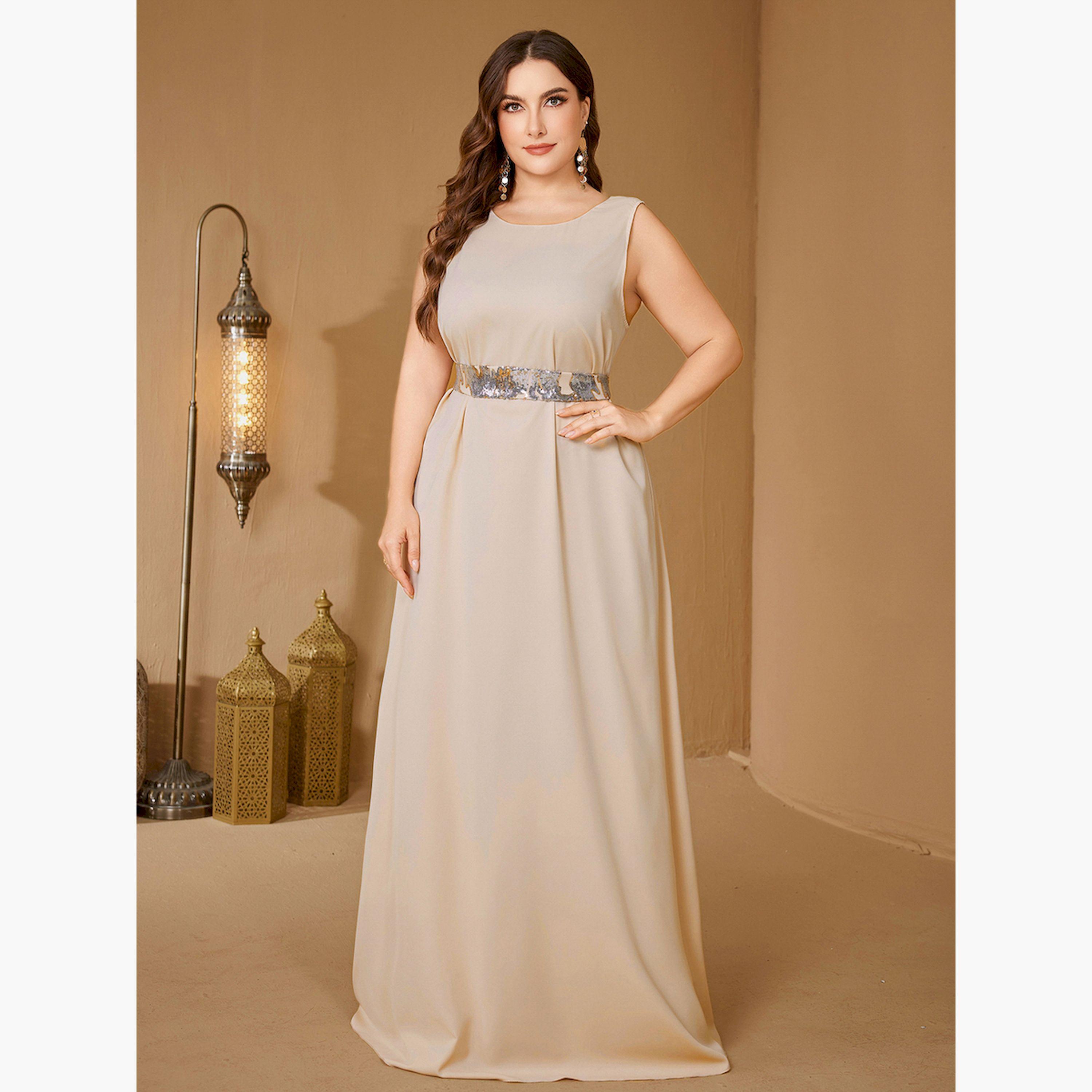 SUPGIR X Styli Plus Size Beige Embellished Kimono with Inner Dress Co-Ords-women-clothing-plussize-coordsets-image-2