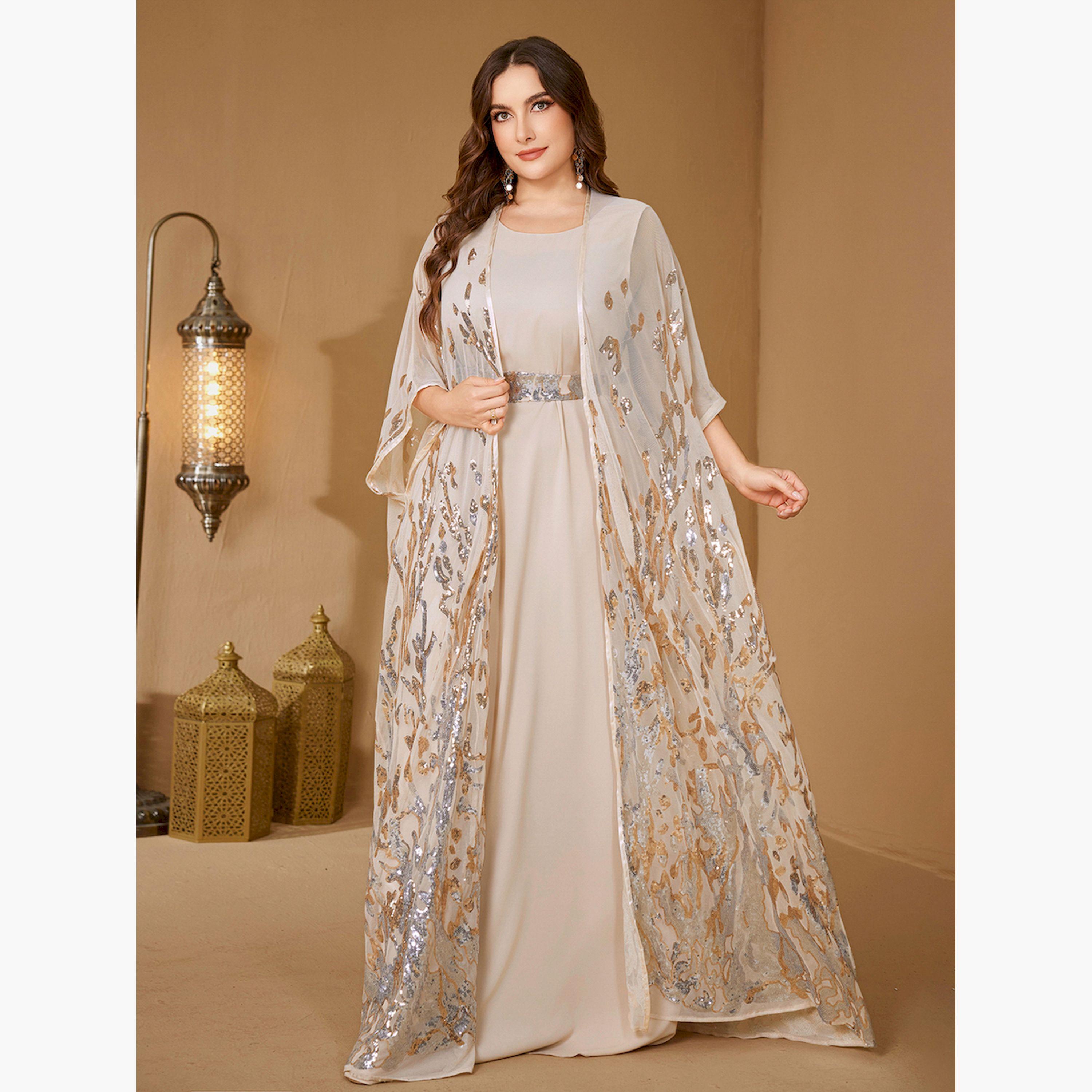 SUPGIR X Styli Plus Size Beige Embellished Kimono with Inner Dress Co-Ords-women-clothing-plussize-coordsets-image-3