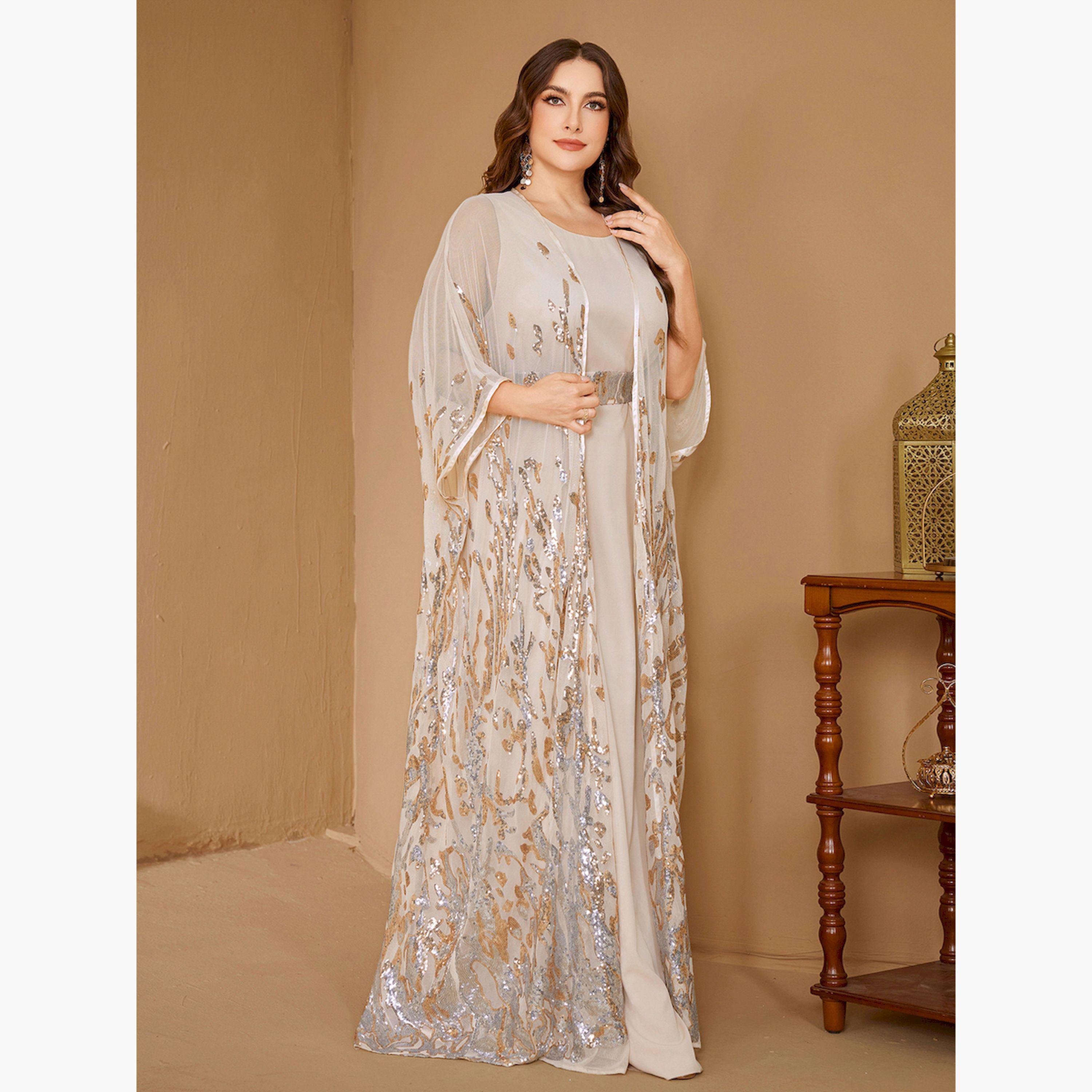 SUPGIR X Styli Plus Size Beige Embellished Kimono with Inner Dress Co-Ords-women-clothing-plussize-coordsets-image-4