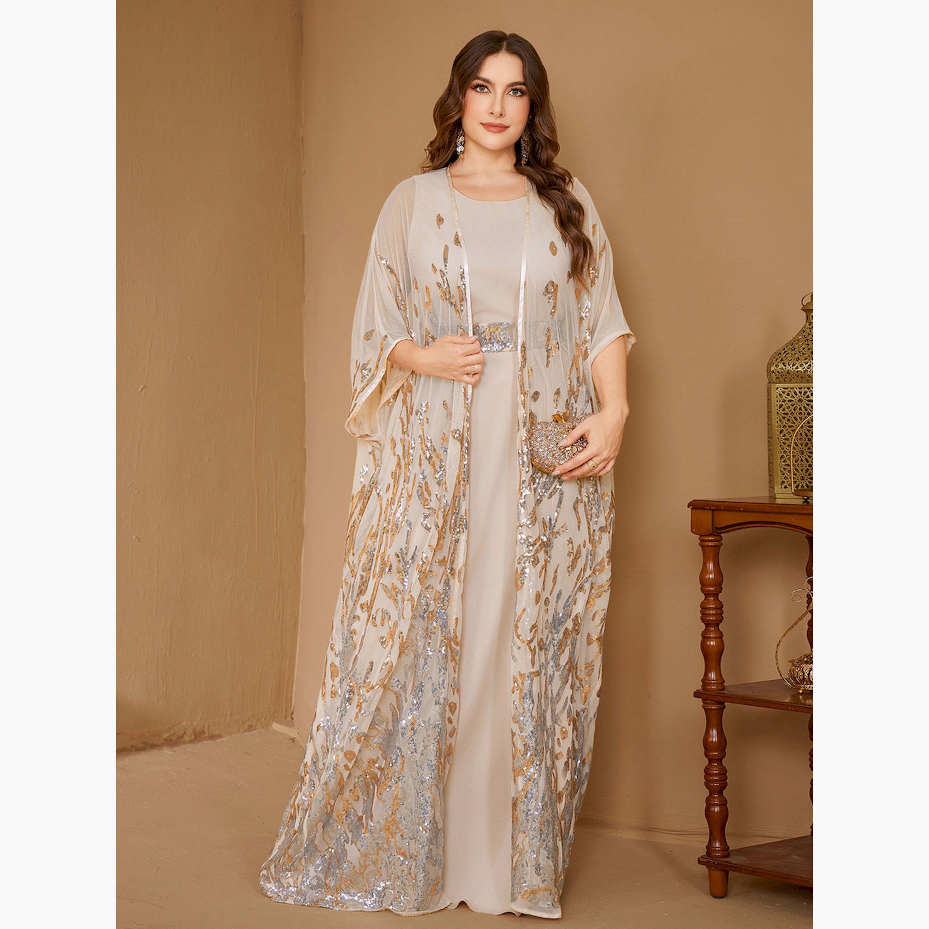 SUPGIR X Styli Plus Size Beige Embellished Kimono with Inner Dress Co-Ords-women-clothing-plussize-coordsets-image-5
