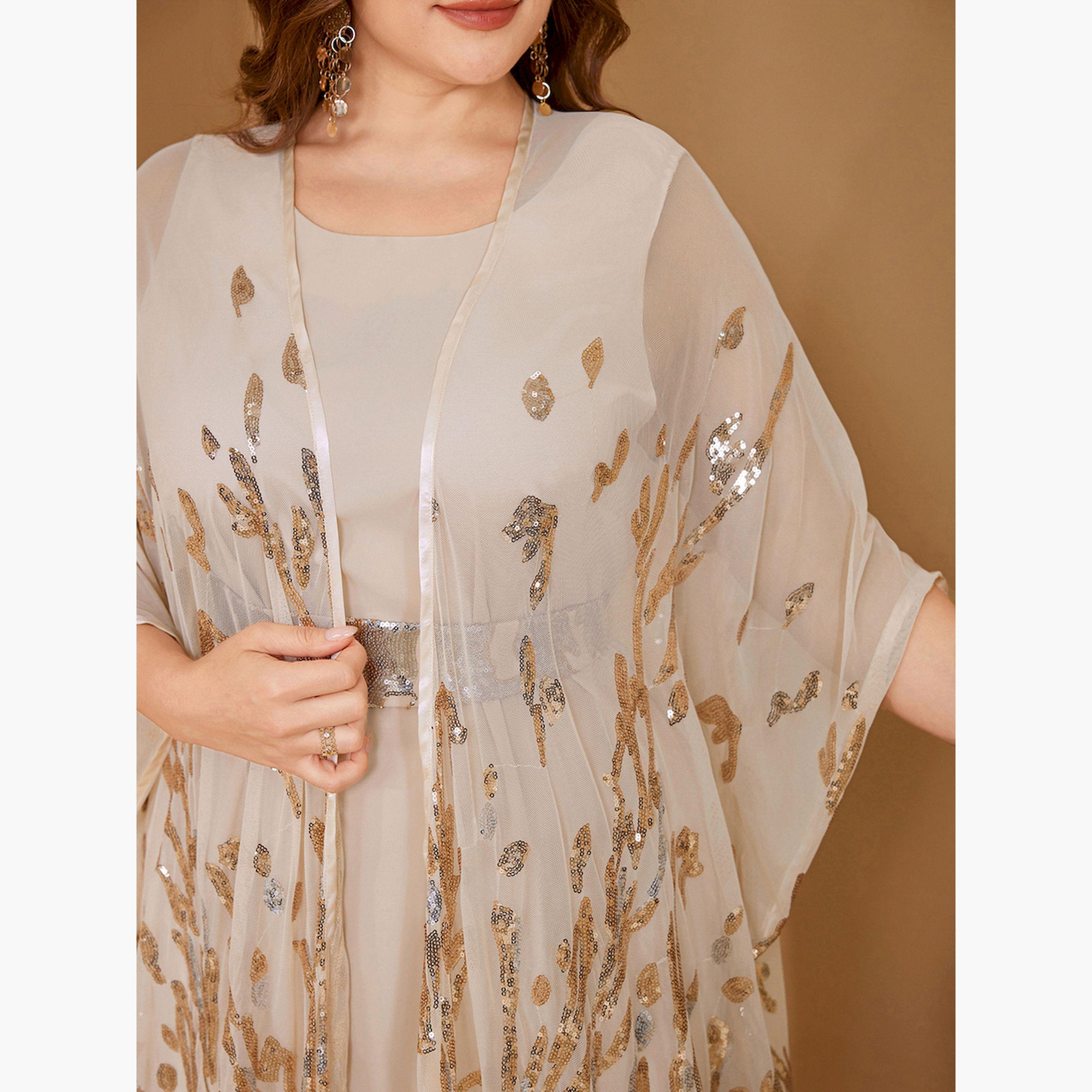 SUPGIR X Styli Plus Size Beige Embellished Kimono with Inner Dress Co-Ords-women-clothing-plussize-coordsets-image-6