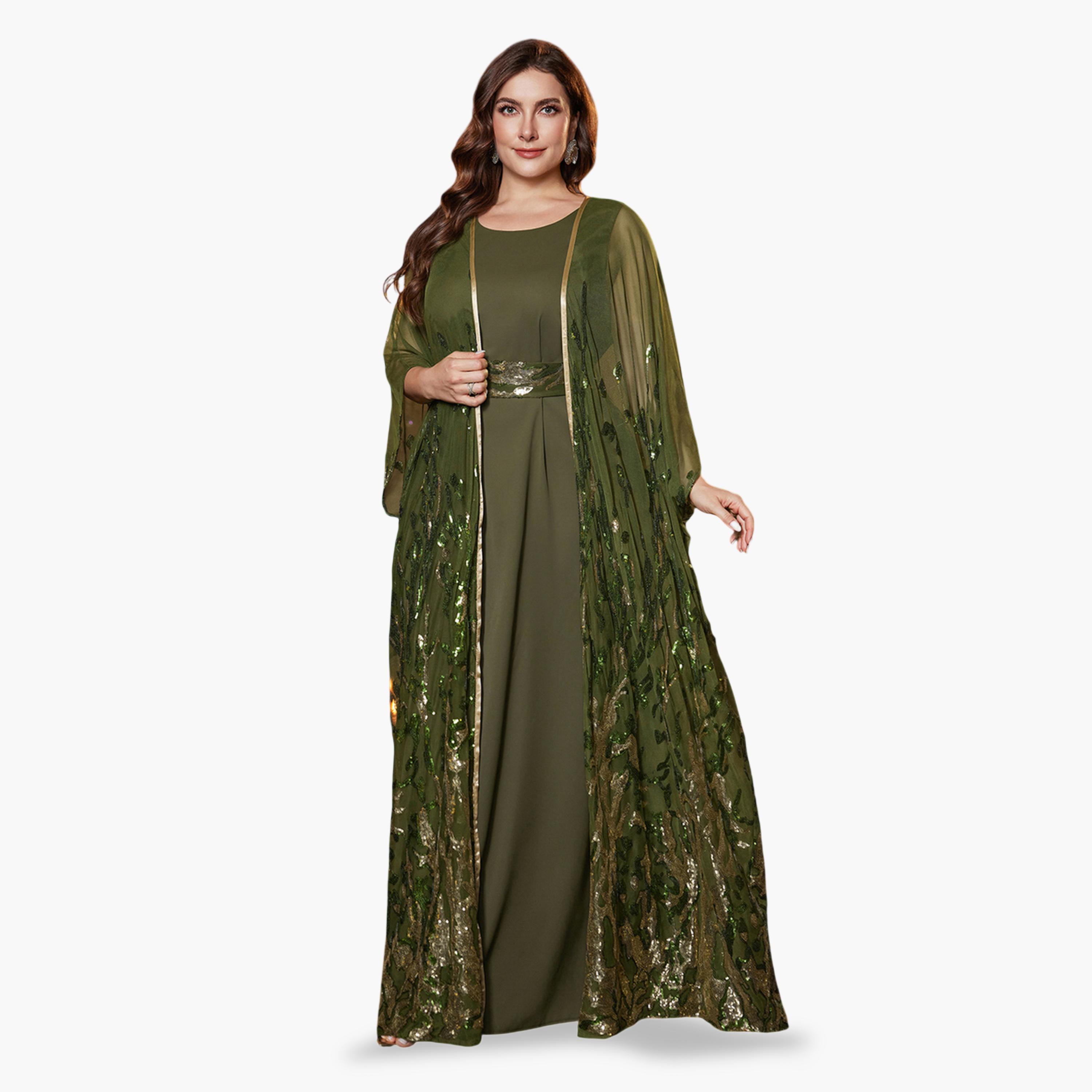 SUPGIR X Styli Plus Size Olive Embellished Kimono with Maxi Dress Co-Ords-women-clothing-plussize-coordsets-image-1