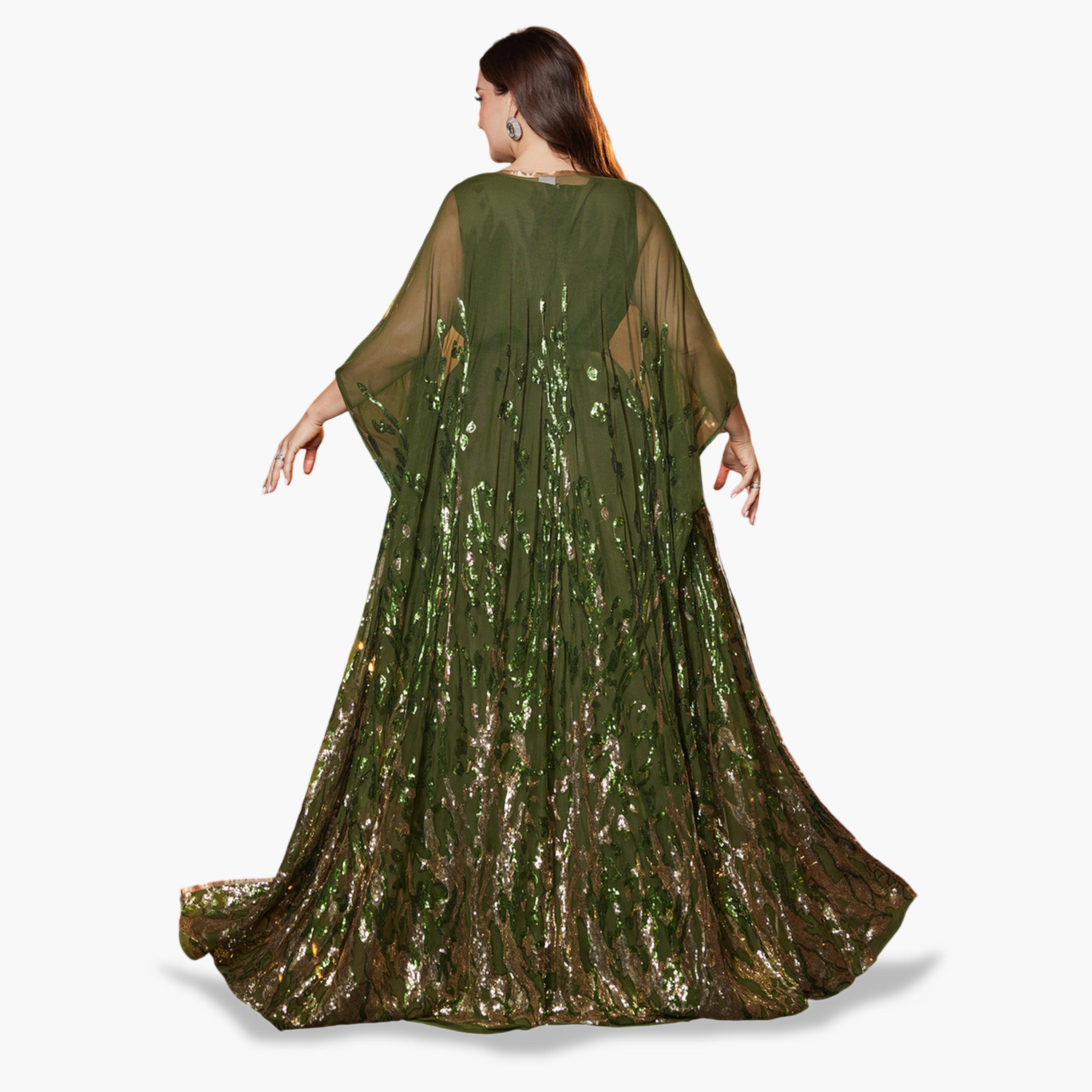SUPGIR X Styli Plus Size Olive Embellished Kimono with Maxi Dress Co-Ords-women-clothing-plussize-coordsets-image-3