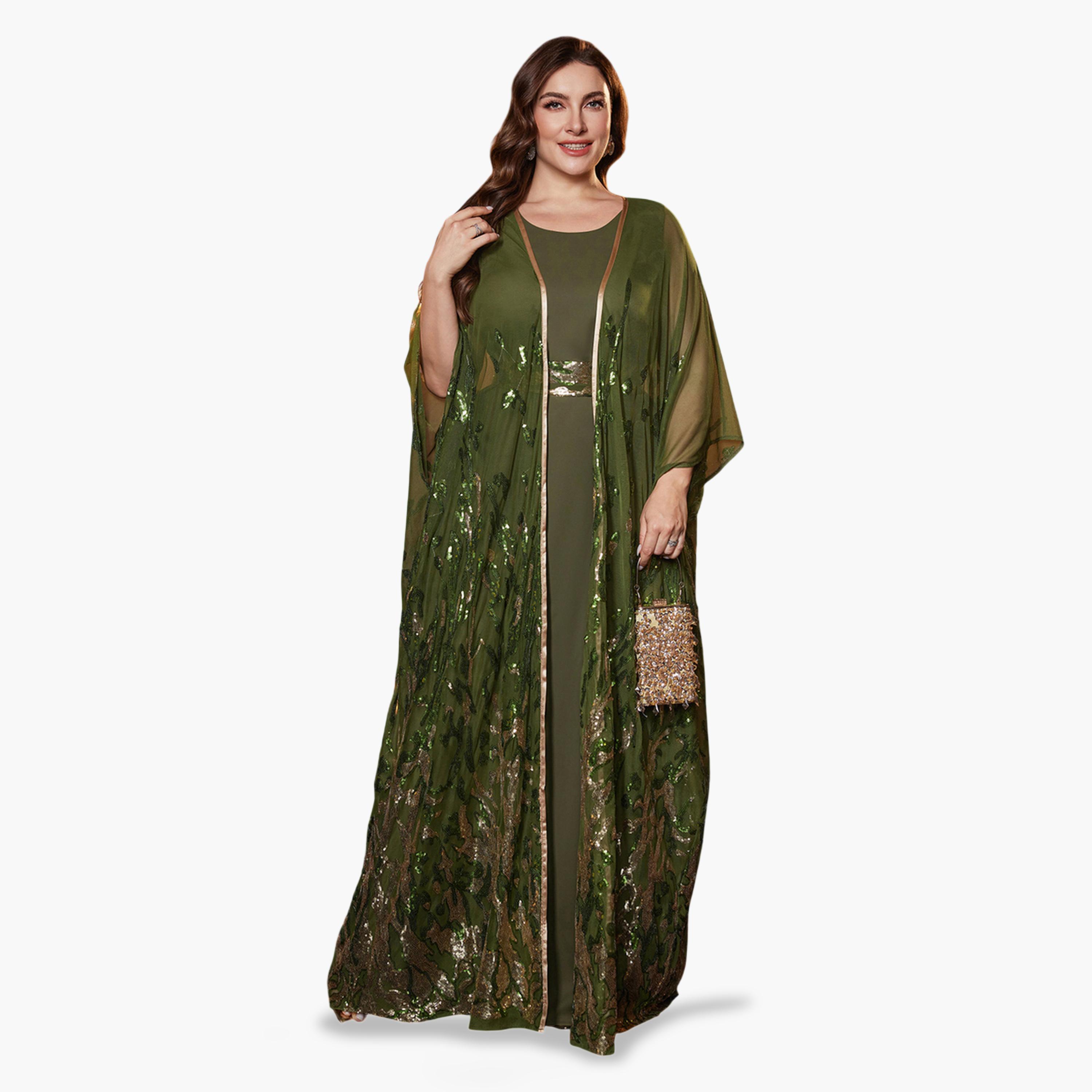 SUPGIR X Styli Plus Size Olive Embellished Kimono with Maxi Dress Co-Ords-women-clothing-plussize-coordsets-image-4