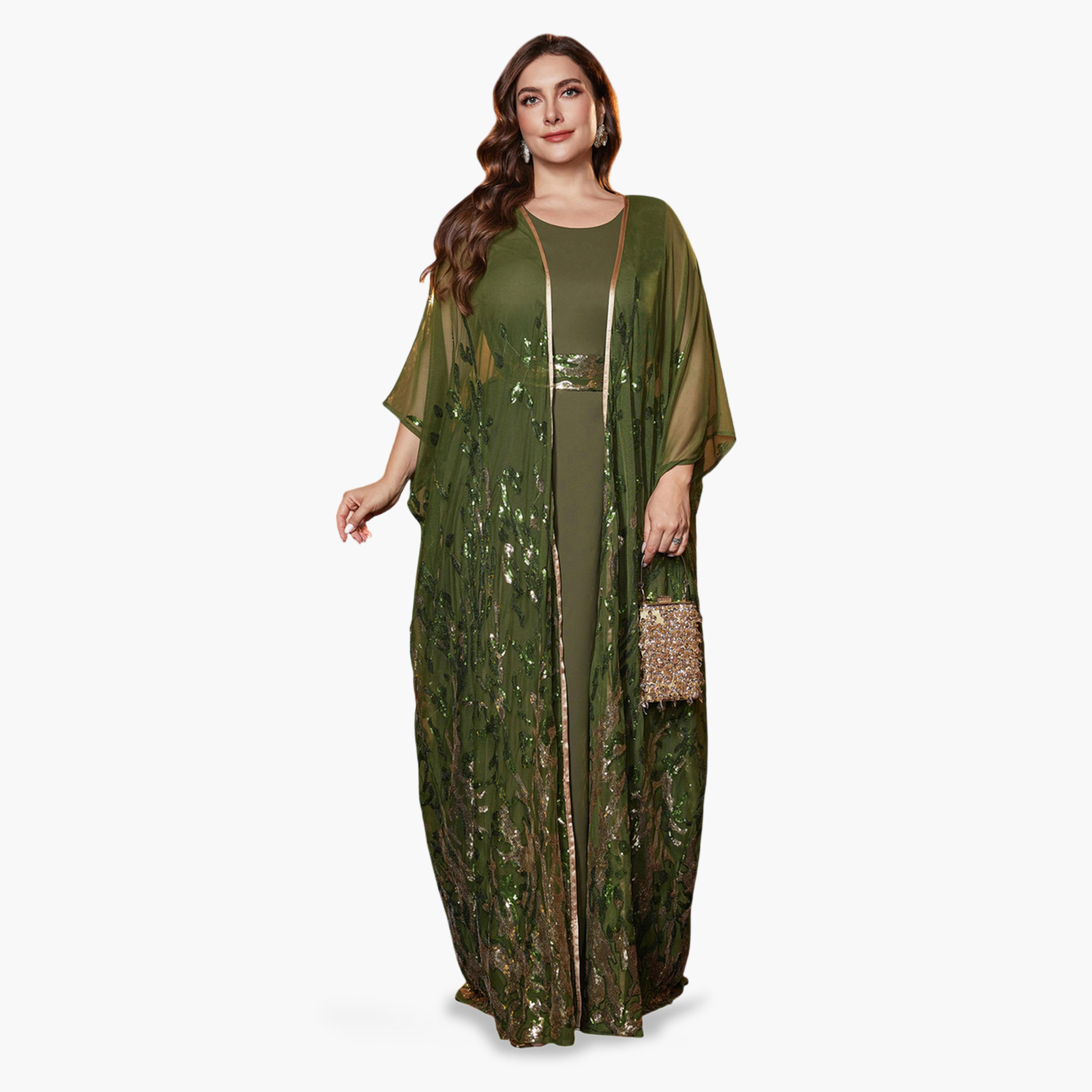SUPGIR X Styli Plus Size Olive Embellished Kimono with Maxi Dress Co-Ords-women-clothing-plussize-coordsets-image-5