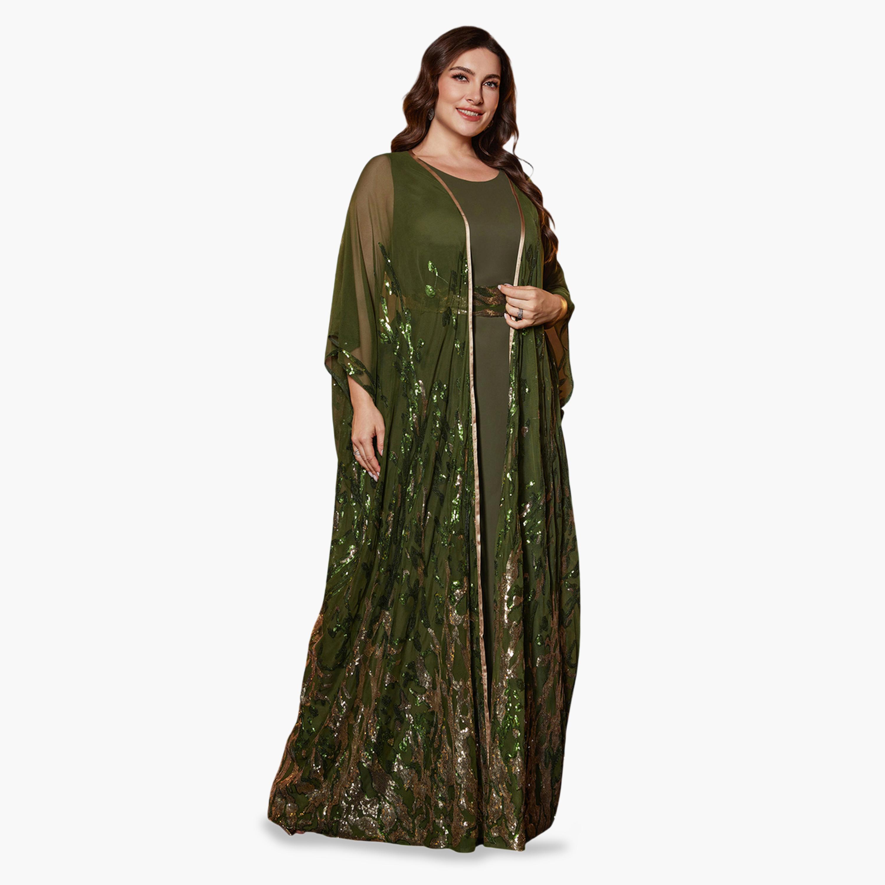 SUPGIR X Styli Plus Size Olive Embellished Kimono with Maxi Dress Co-Ords-women-clothing-plussize-coordsets-image-6