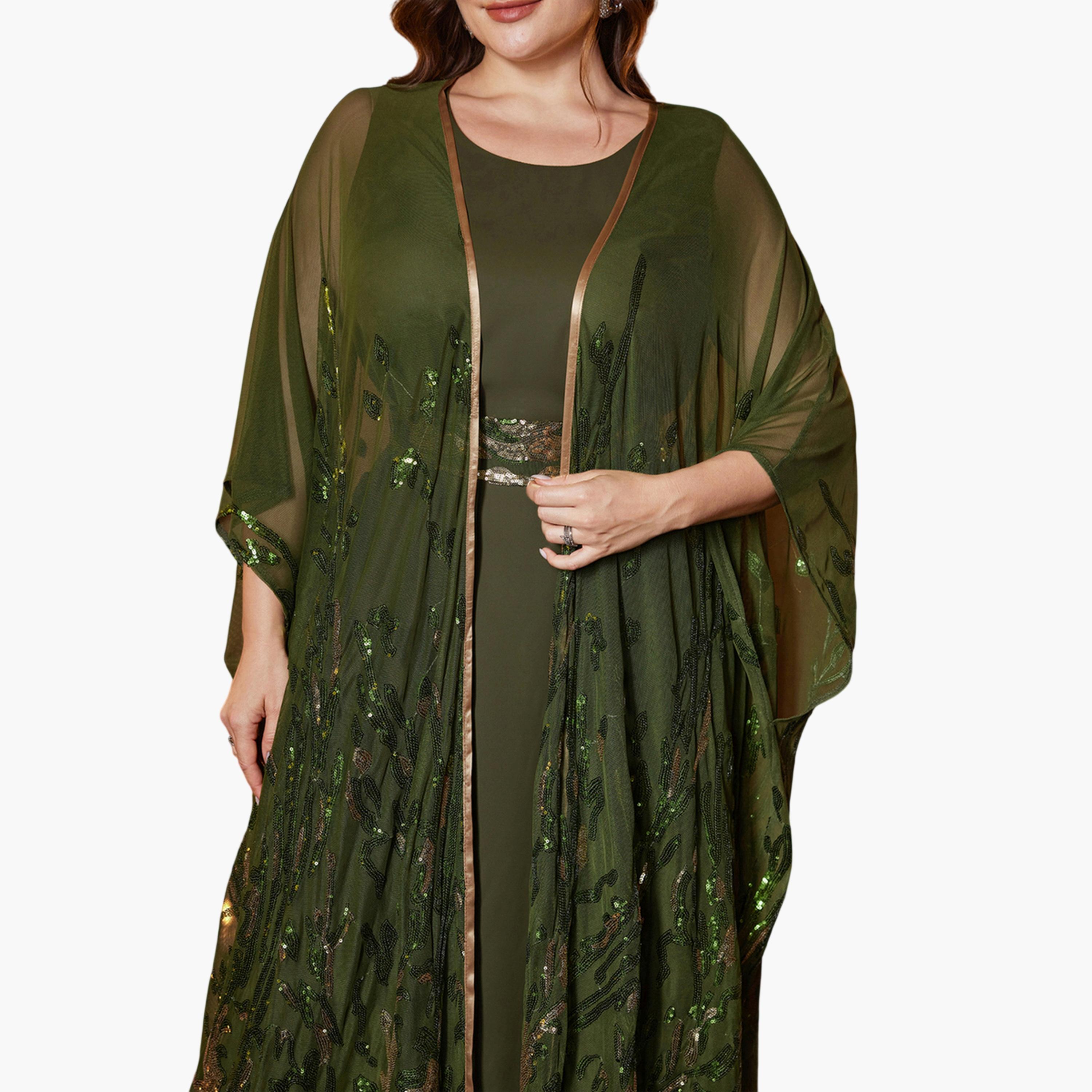 SUPGIR X Styli Plus Size Olive Embellished Kimono with Maxi Dress Co-Ords-women-clothing-plussize-coordsets-image-7