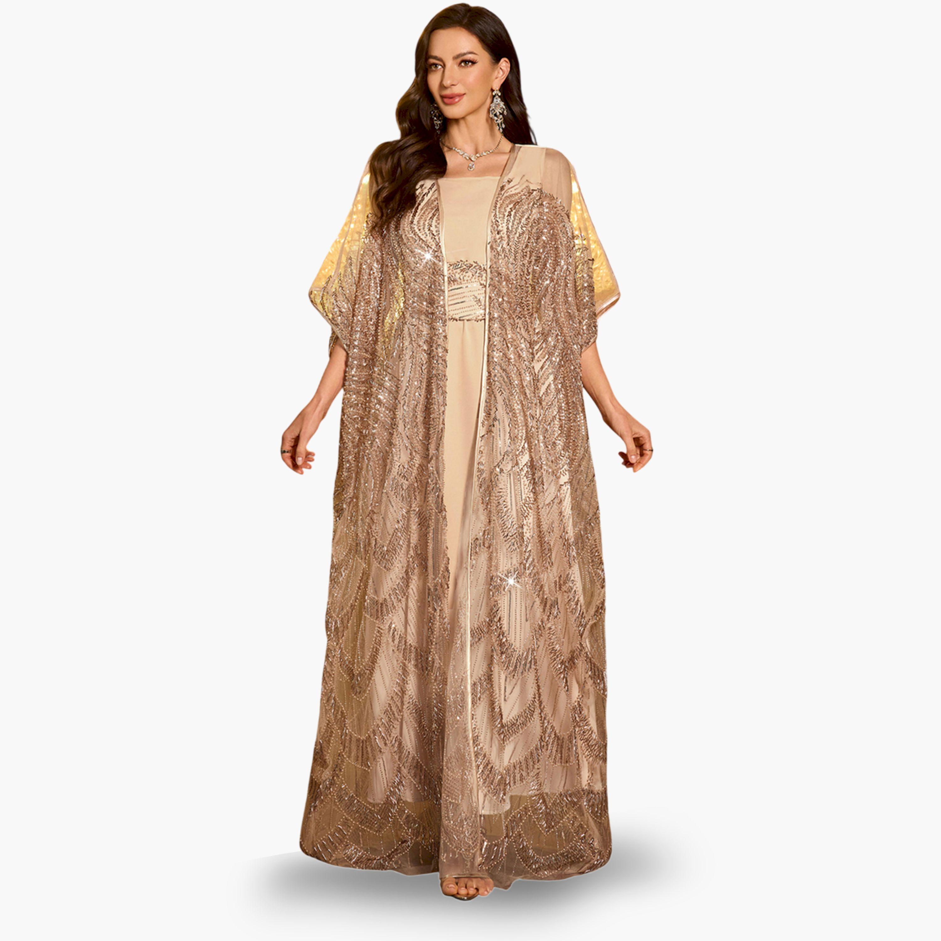 SUPGIR X Styli Beige Embellished Kimono with Inner Dress Co-Ords-women-clothing-coordsets-image-1