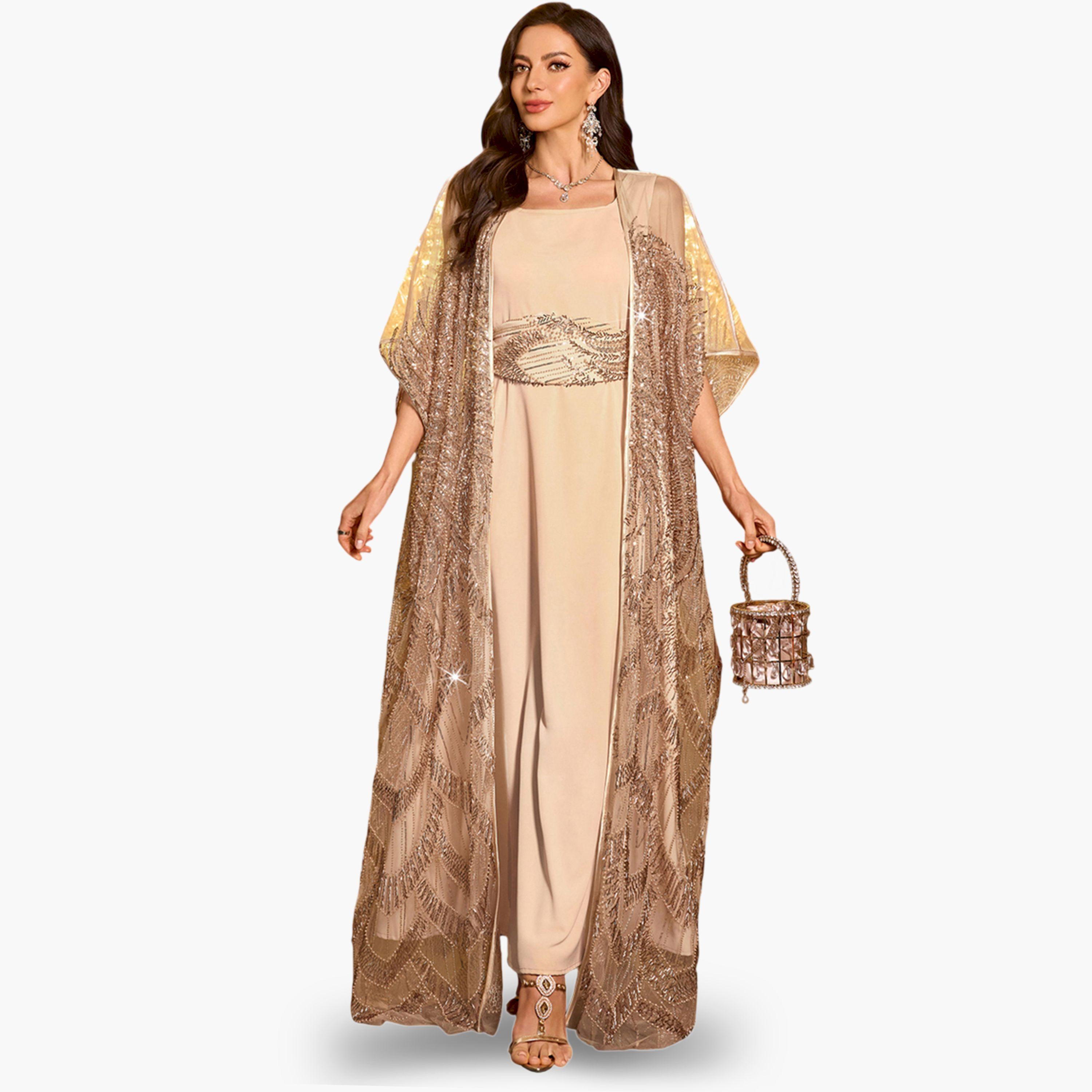 SUPGIR X Styli Beige Embellished Kimono with Inner Dress Co-Ords-women-clothing-coordsets-image-4