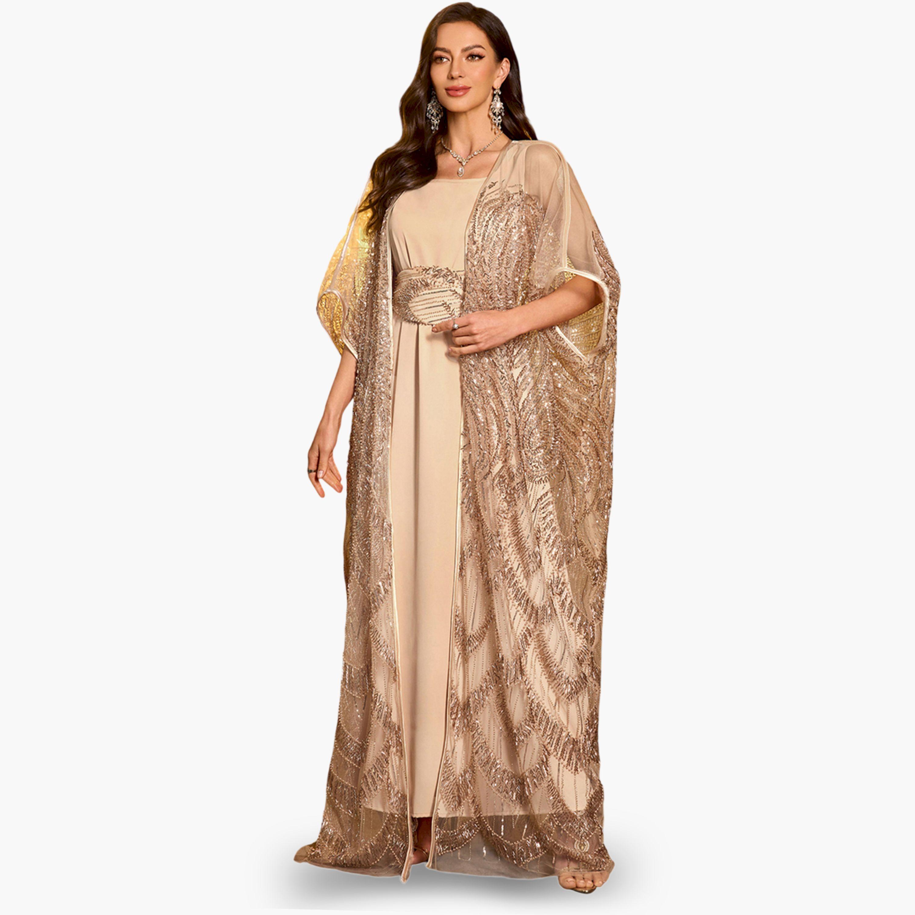 SUPGIR X Styli Beige Embellished Kimono with Inner Dress Co-Ords-women-clothing-coordsets-image-5