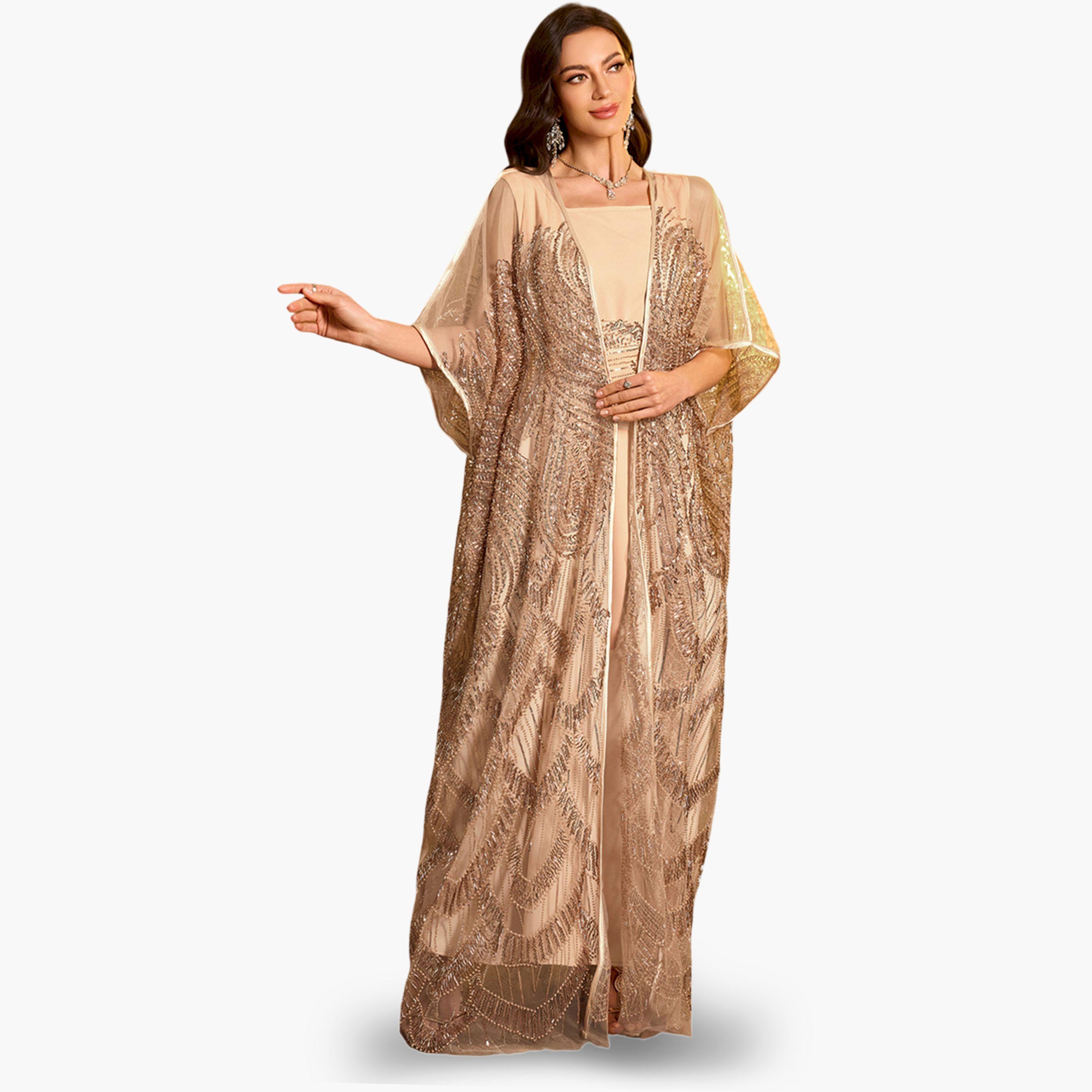 SUPGIR X Styli Beige Embellished Kimono with Inner Dress Co-Ords-women-clothing-coordsets-image-6