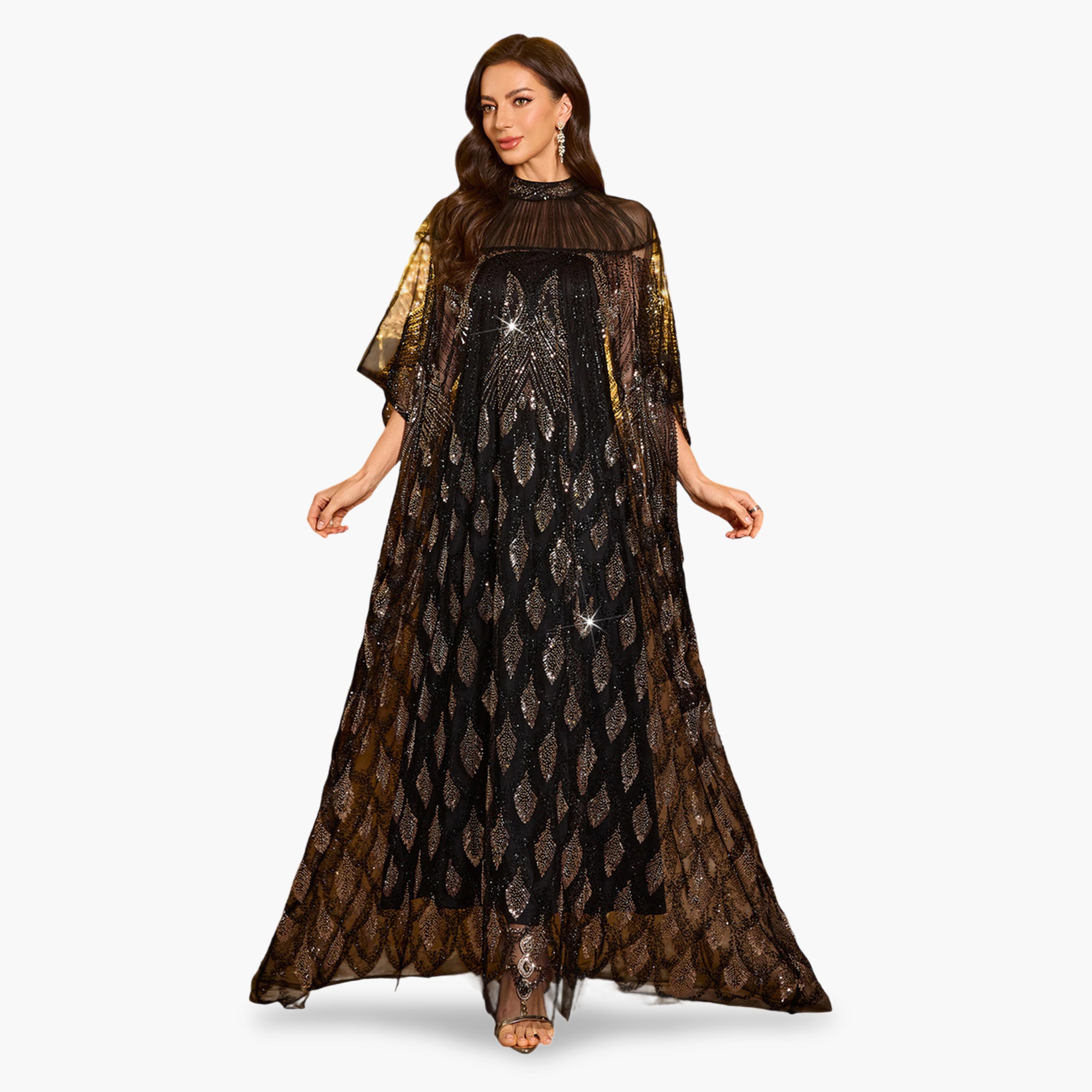 سبغير × ستايلي - قفطان ماكسي بأكمام واسعة مزينة بالترتر مع فستان داخلي-women-arabicclothing-kaftan-image-1