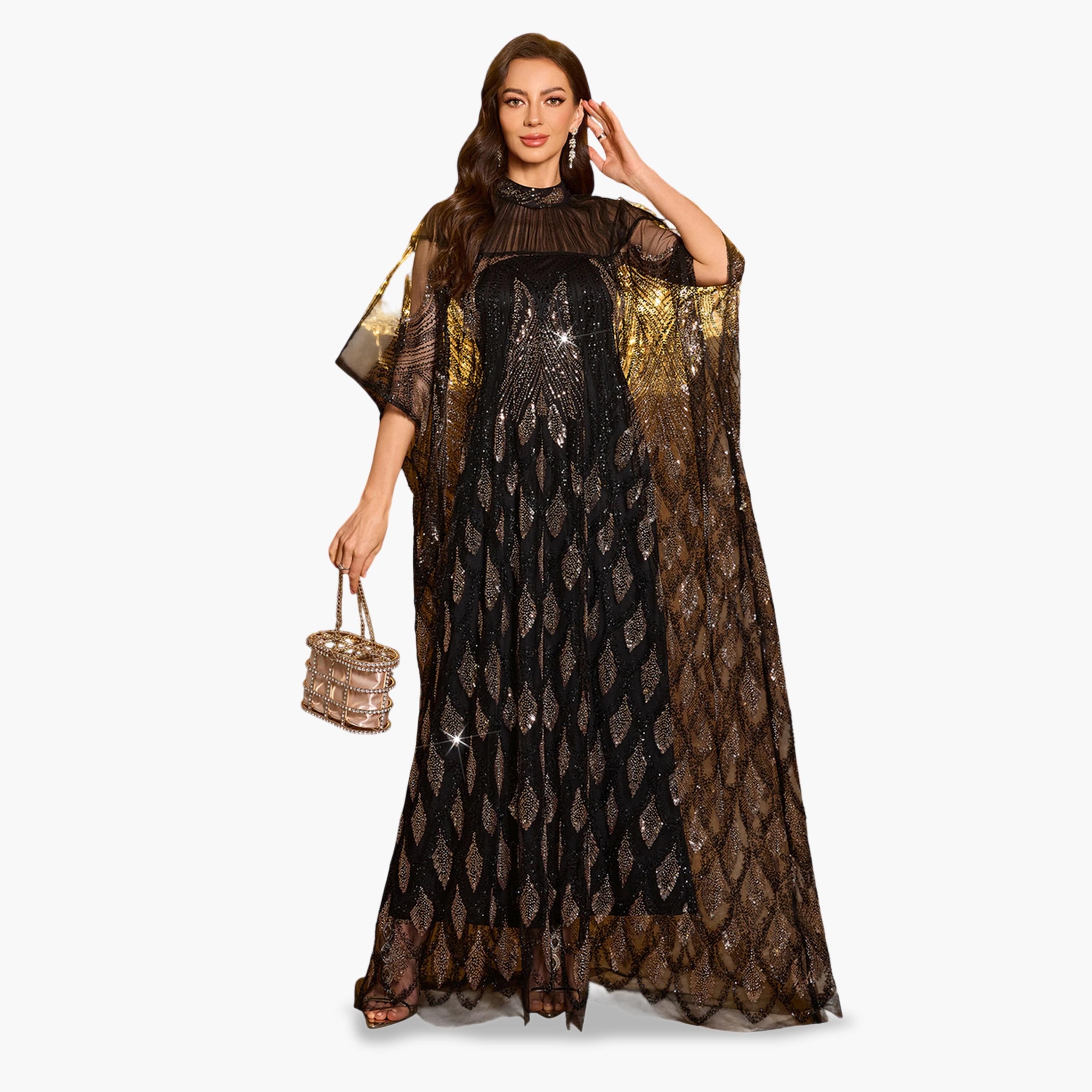سبغير × ستايلي - قفطان ماكسي بأكمام واسعة مزينة بالترتر مع فستان داخلي-women-arabicclothing-kaftan-image-3