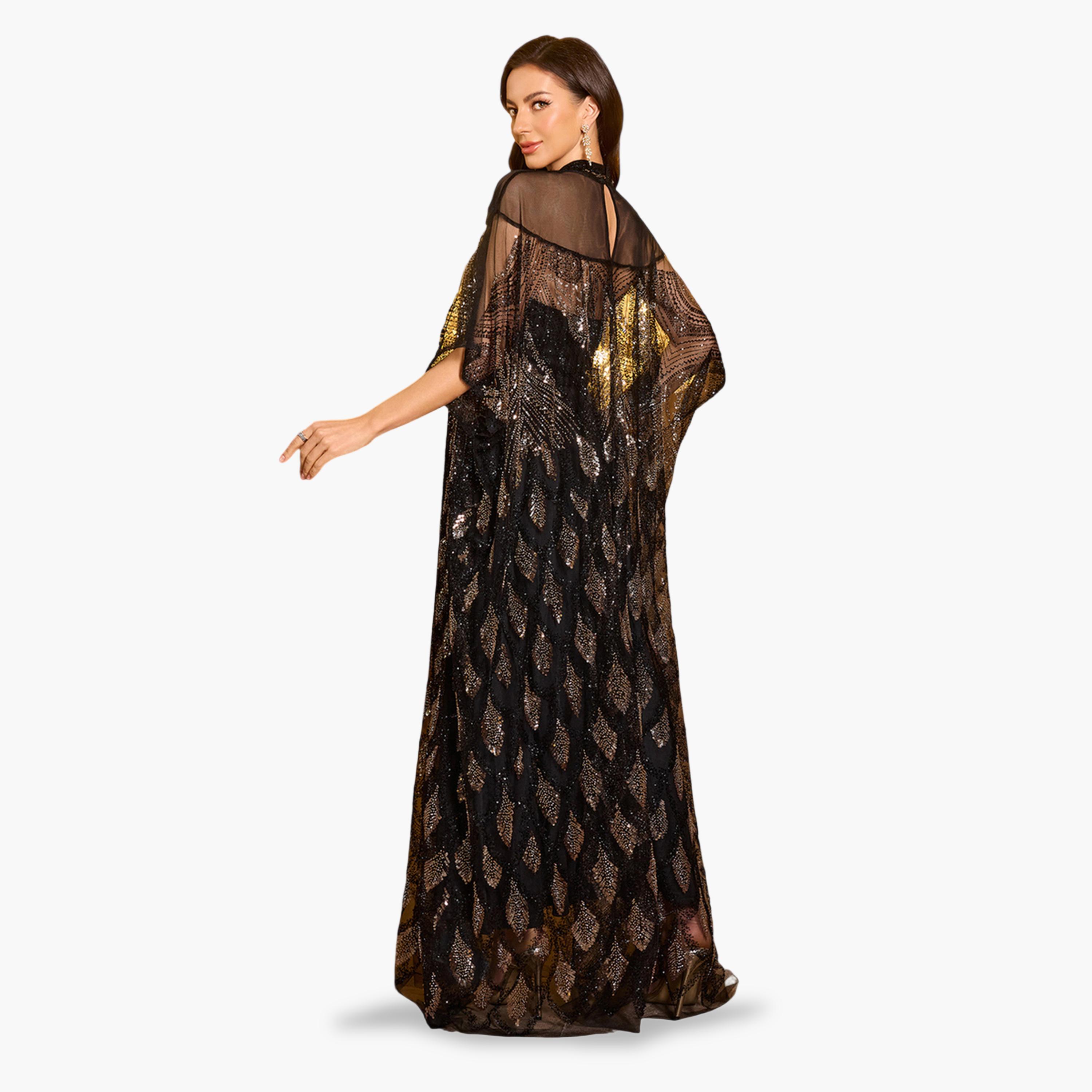 سبغير × ستايلي - قفطان ماكسي بأكمام واسعة مزينة بالترتر مع فستان داخلي-women-arabicclothing-kaftan-image-4
