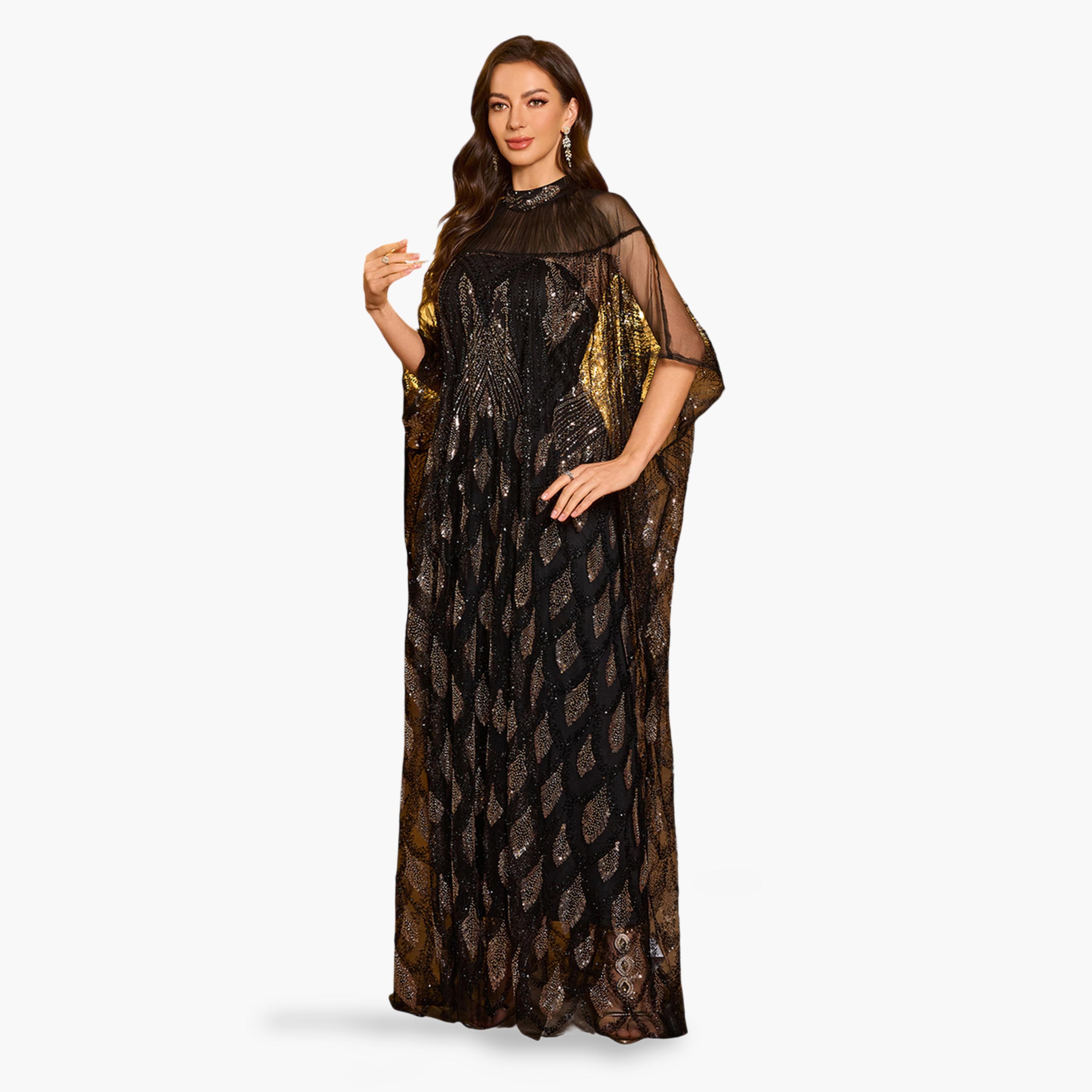 سبغير × ستايلي - قفطان ماكسي بأكمام واسعة مزينة بالترتر مع فستان داخلي-women-arabicclothing-kaftan-image-5