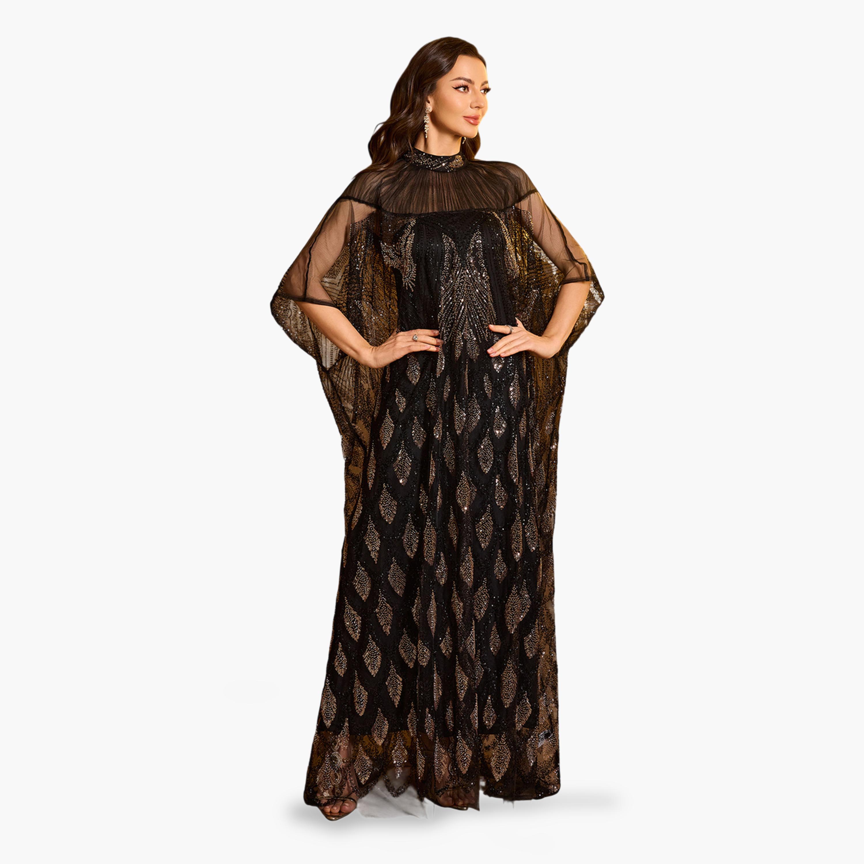 سبغير × ستايلي - قفطان ماكسي بأكمام واسعة مزينة بالترتر مع فستان داخلي-women-arabicclothing-kaftan-image-6