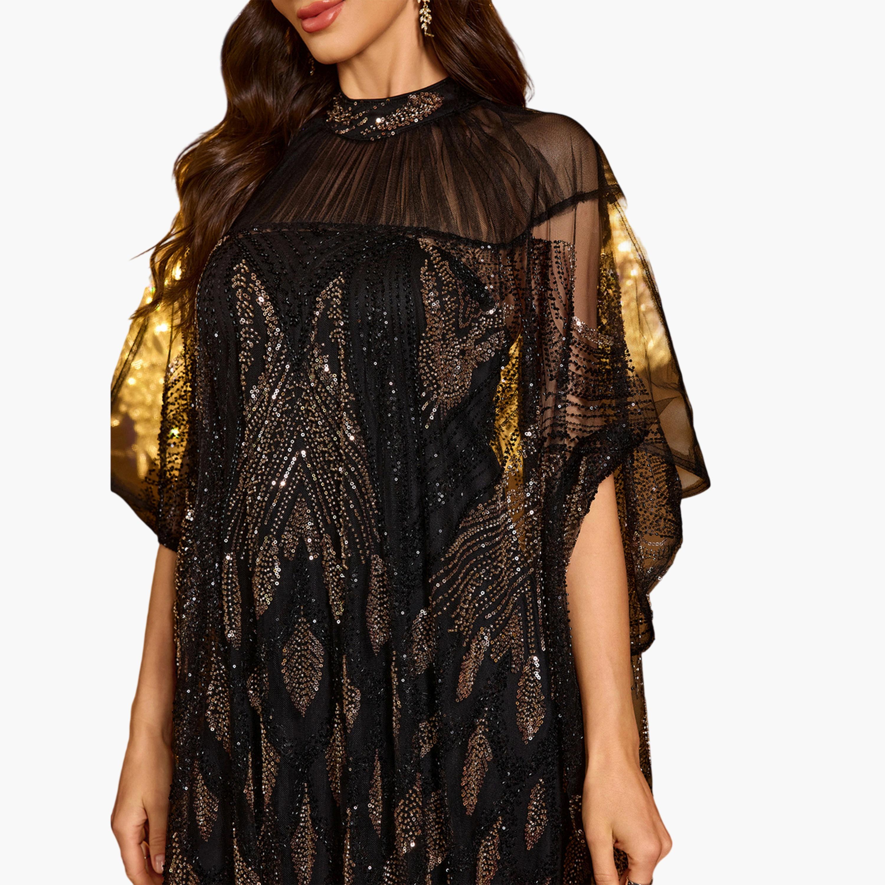 سبغير × ستايلي - قفطان ماكسي بأكمام واسعة مزينة بالترتر مع فستان داخلي-women-arabicclothing-kaftan-image-7