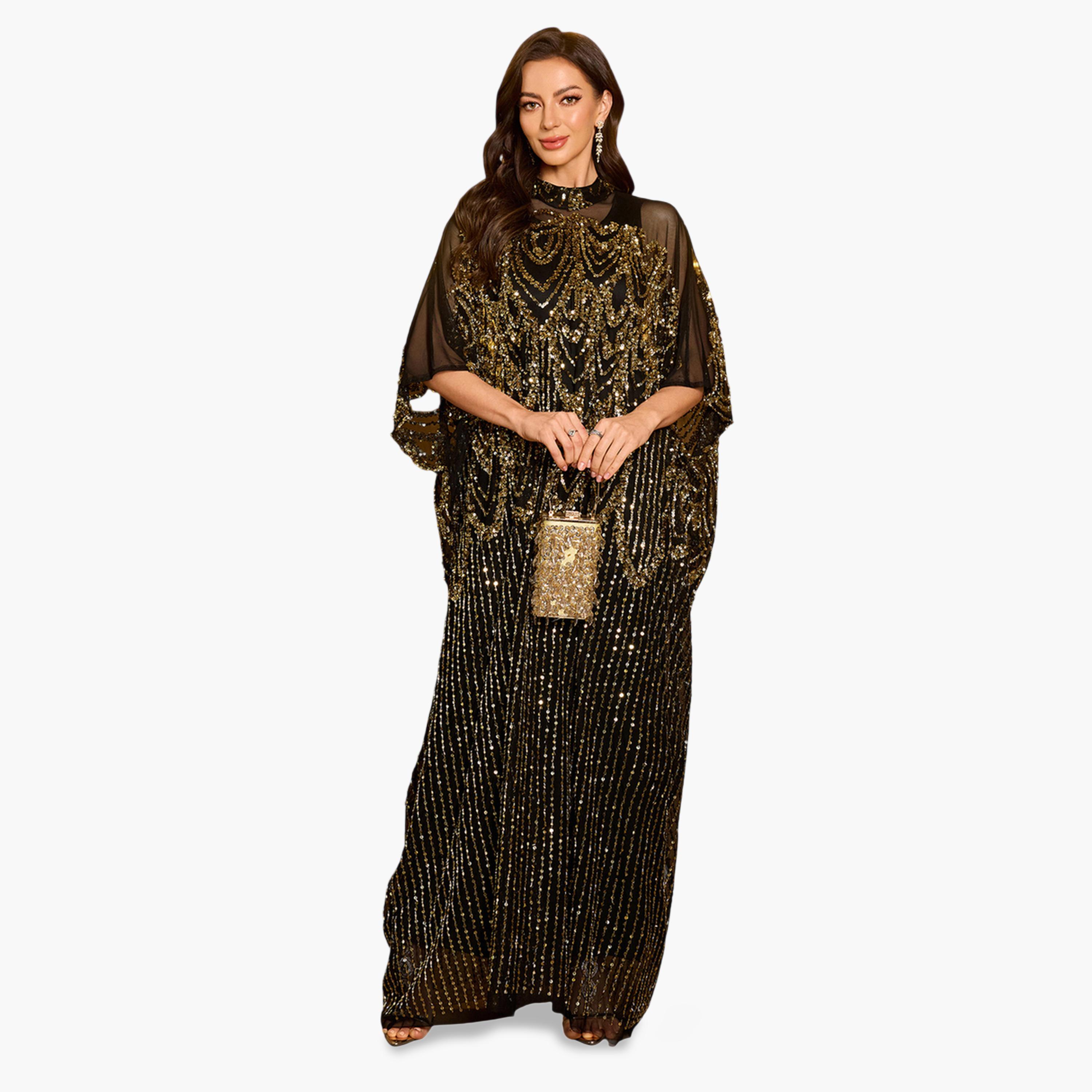 SUPGIR X Styli Black Sequin Batwing Sleeves Kaftan Dress with Maxi Dress Set-women-arabicclothing-sets-image-1