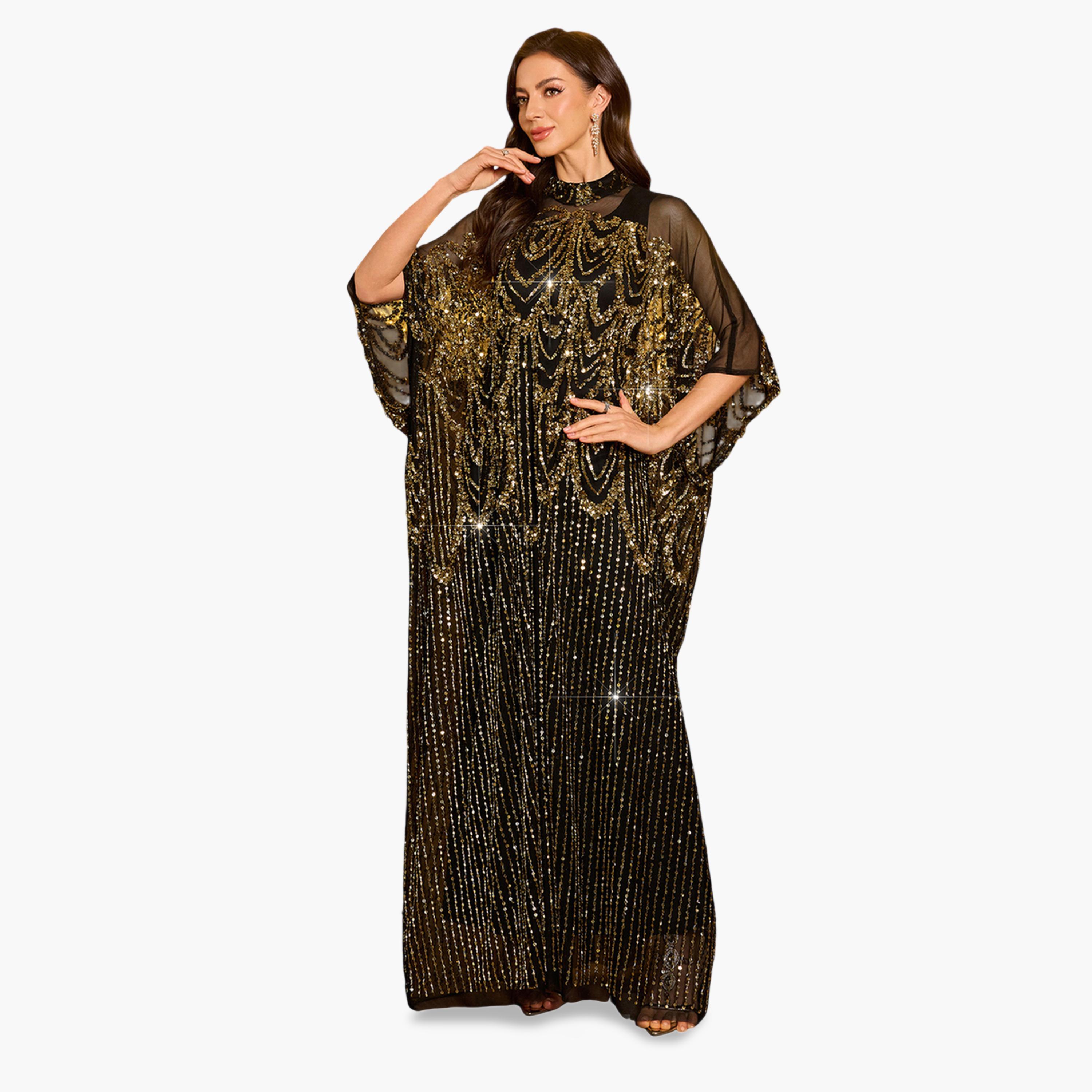 SUPGIR X Styli Black Sequin Batwing Sleeves Kaftan Dress with Maxi Dress Set-women-arabicclothing-sets-image-2