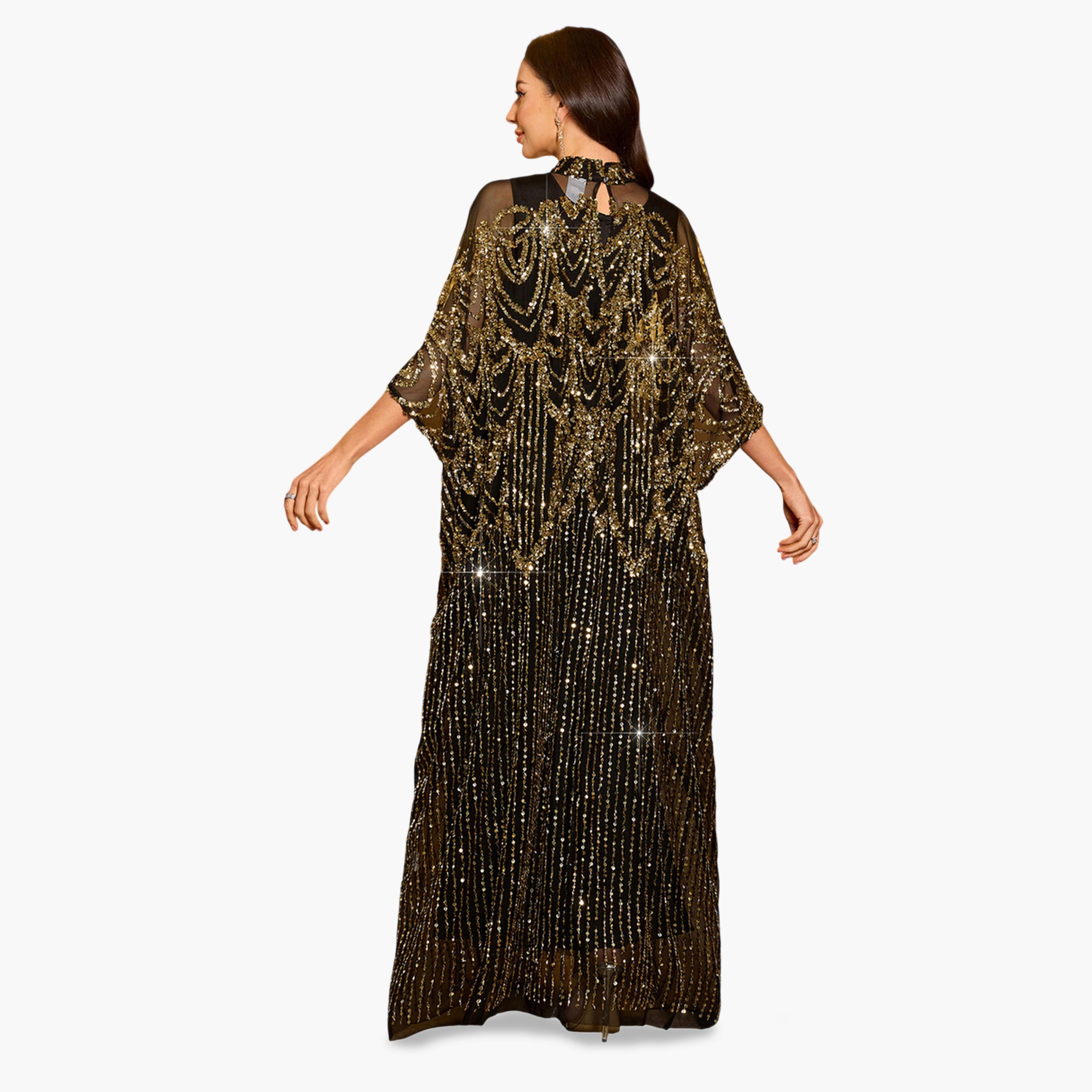SUPGIR X Styli Black Sequin Batwing Sleeves Kaftan Dress with Maxi Dress Set-women-arabicclothing-sets-image-3
