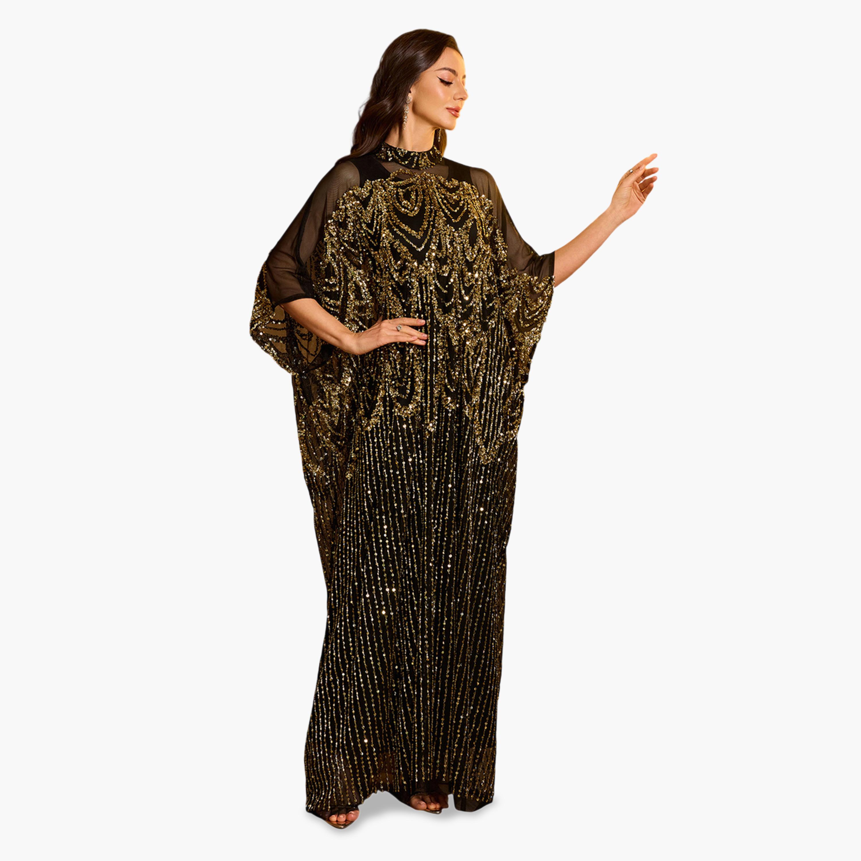 SUPGIR X Styli Black Sequin Batwing Sleeves Kaftan Dress with Maxi Dress Set-women-arabicclothing-sets-image-5