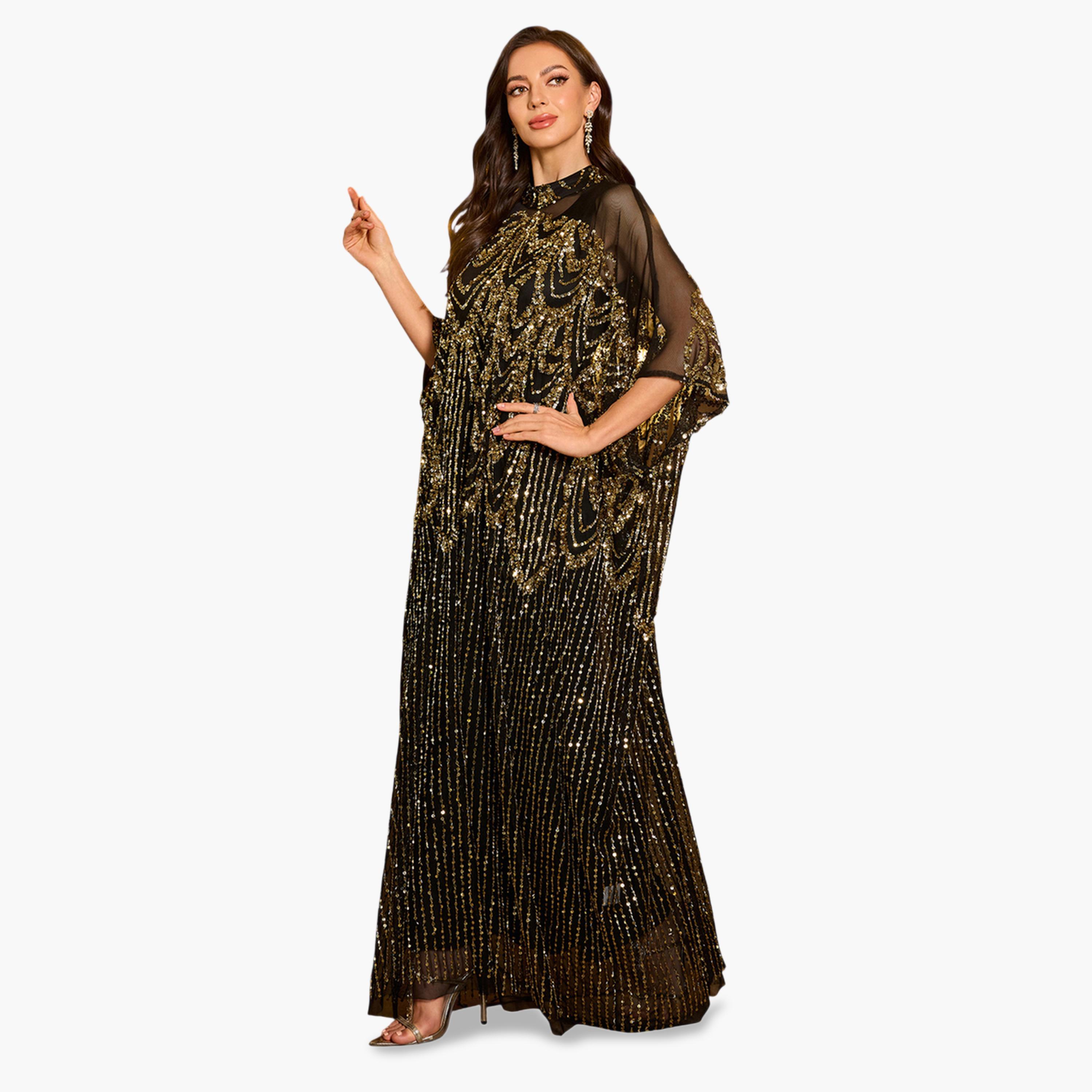SUPGIR X Styli Black Sequin Batwing Sleeves Kaftan Dress with Maxi Dress Set-women-arabicclothing-sets-image-6