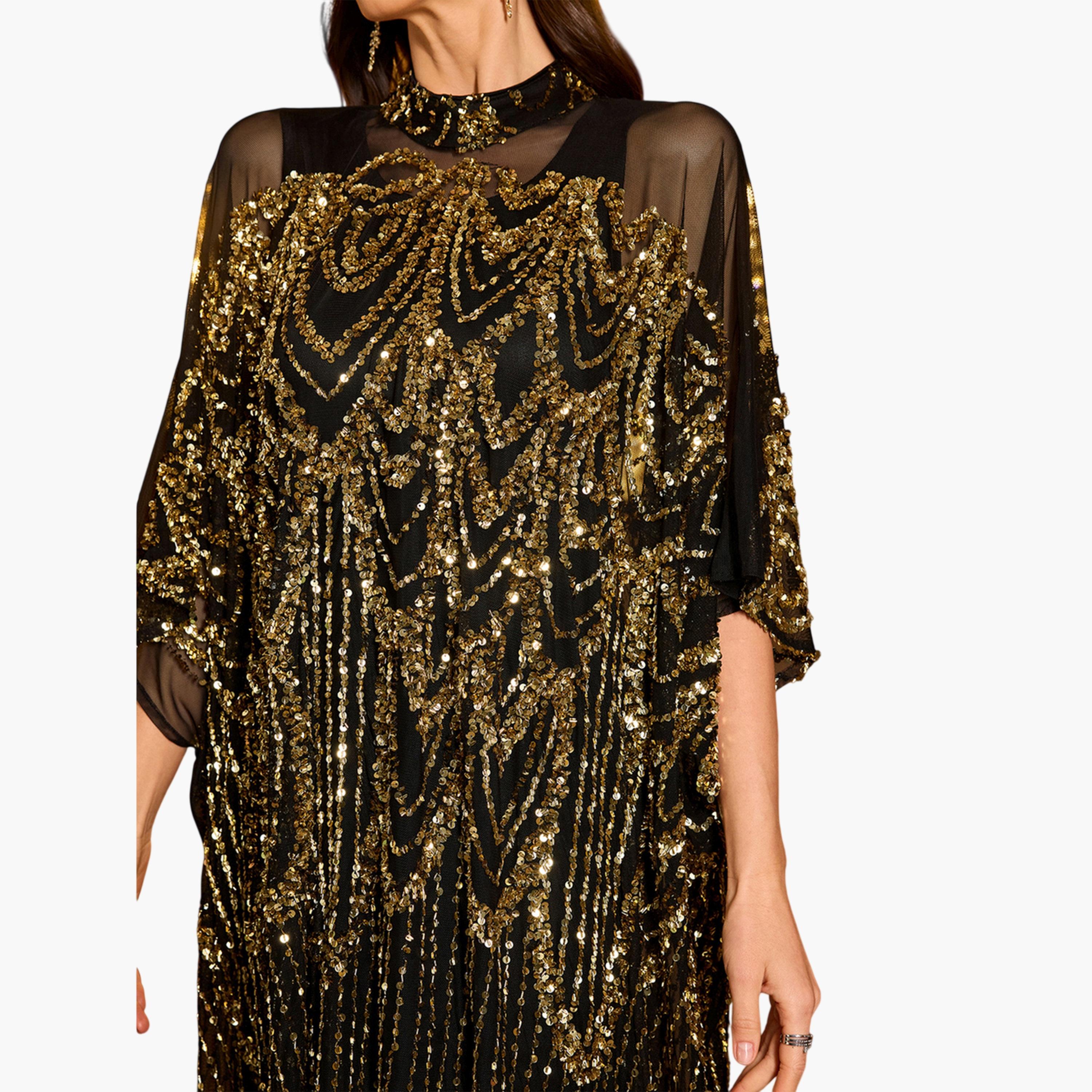 SUPGIR X Styli Black Sequin Batwing Sleeves Kaftan Dress with Maxi Dress Set-women-arabicclothing-sets-image-7