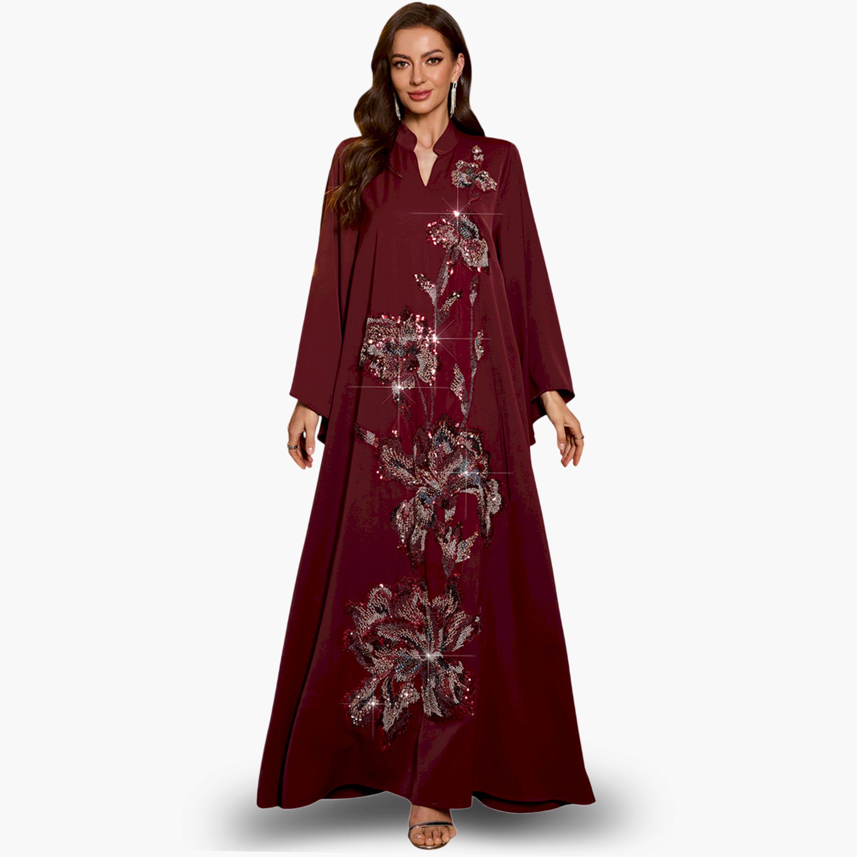 جلابية بحافة واسعة وتطريز أزهار-women-arabicclothing-jalabiyas-image-1