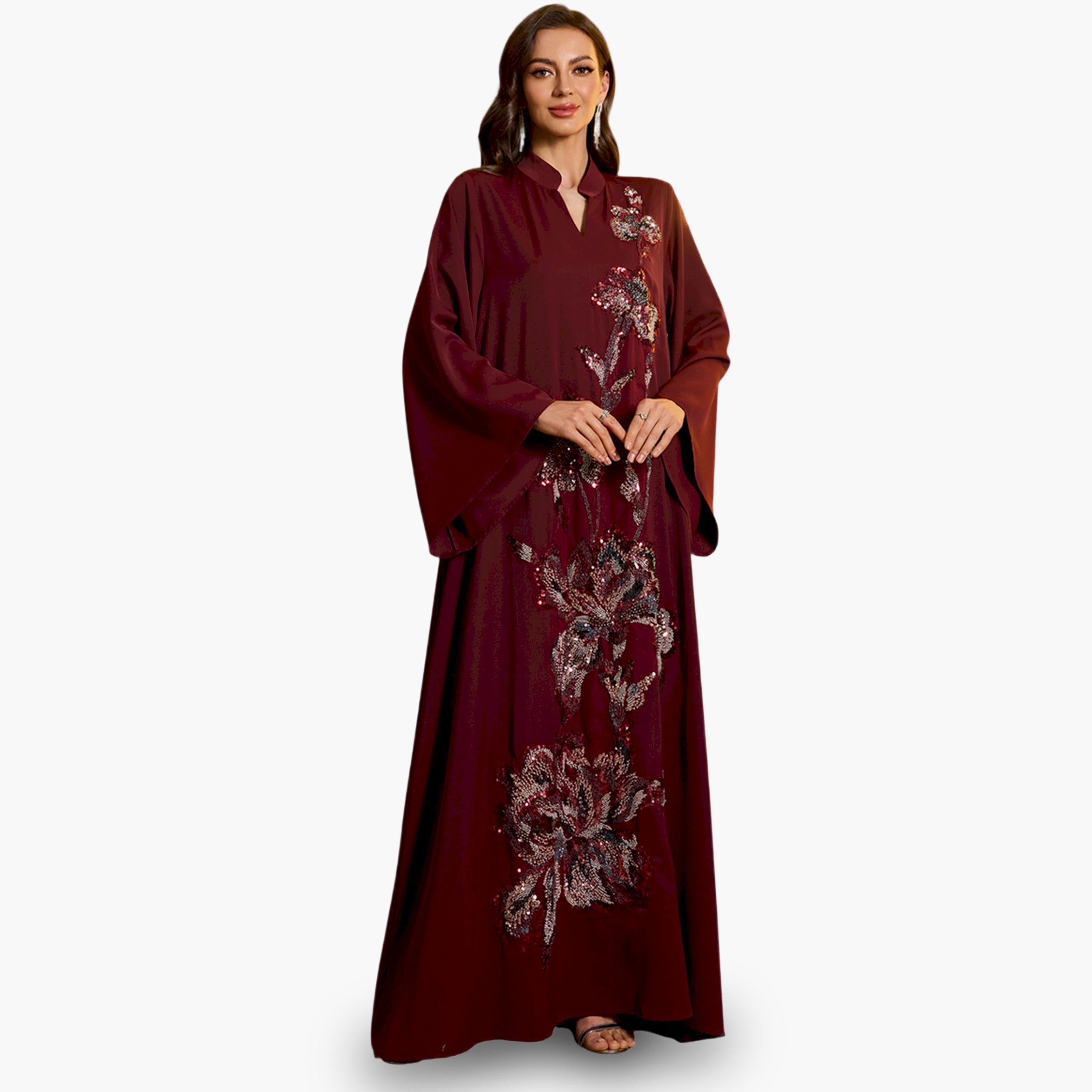 SUPGIR X Styli Burgundy Floral Embroidery A-Line Jalabiya-women-arabicclothing-jalabiyas-image-3
