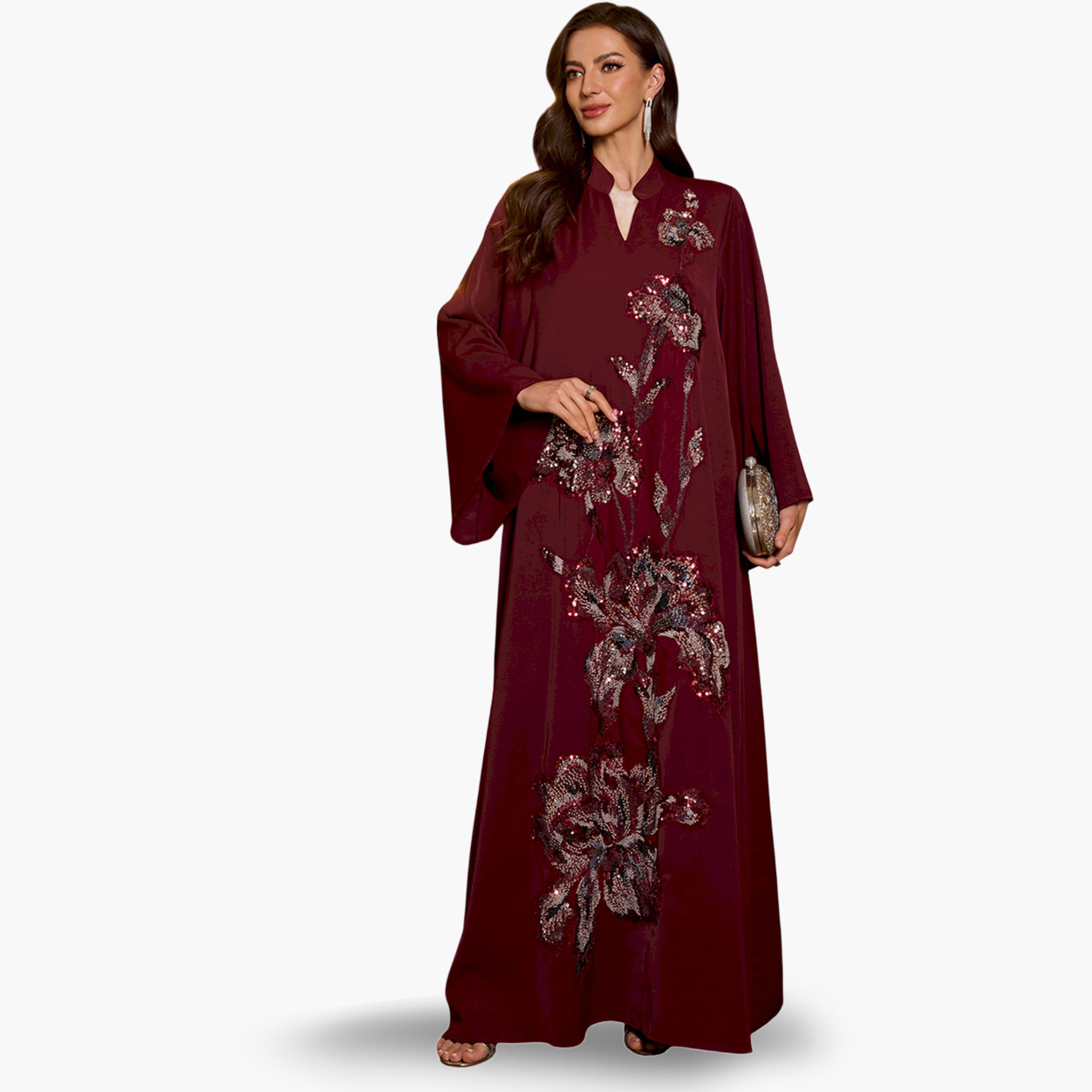 SUPGIR X Styli Burgundy Floral Embroidery A-Line Jalabiya-women-arabicclothing-jalabiyas-image-4