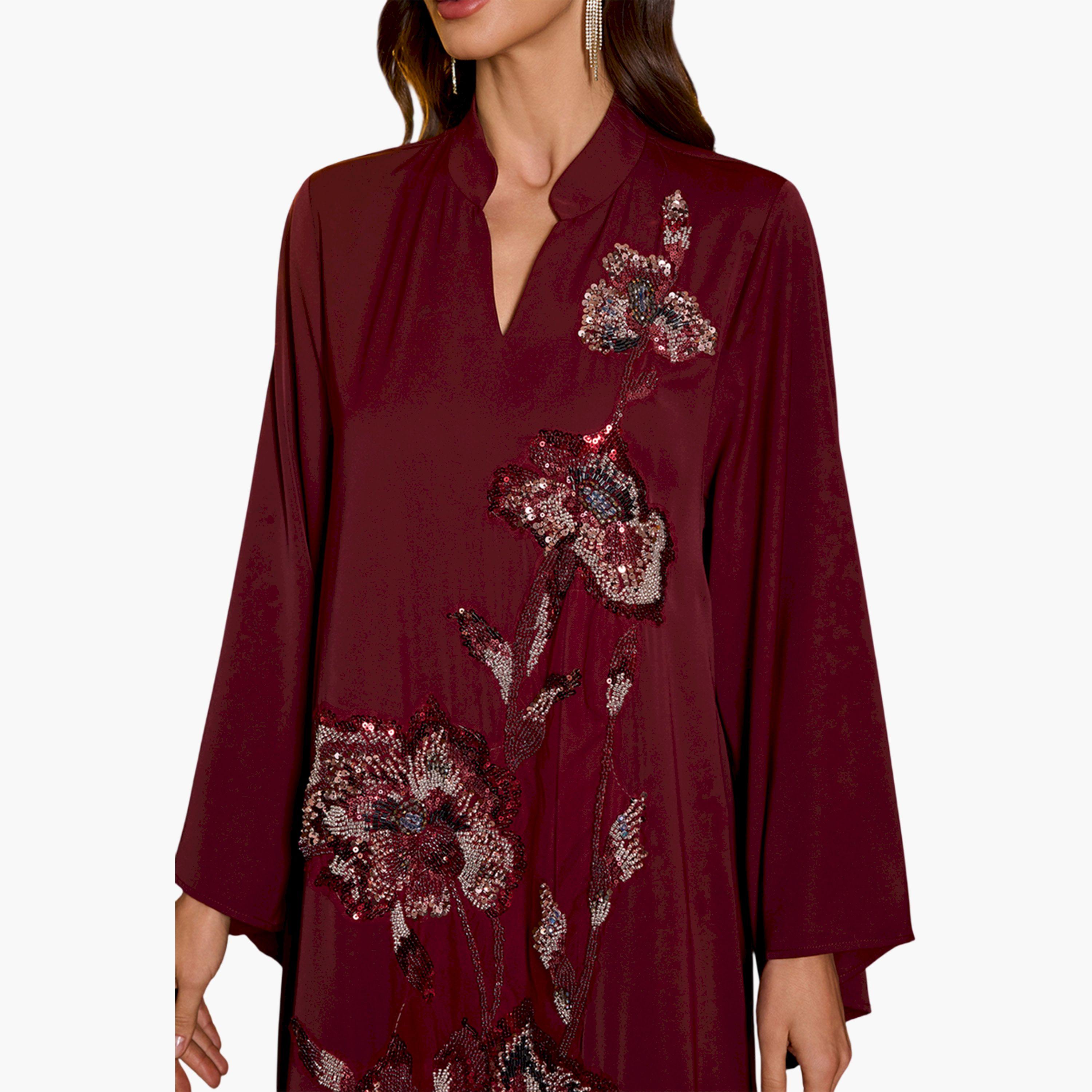SUPGIR X Styli Burgundy Floral Embroidery A-Line Jalabiya-women-arabicclothing-jalabiyas-image-6
