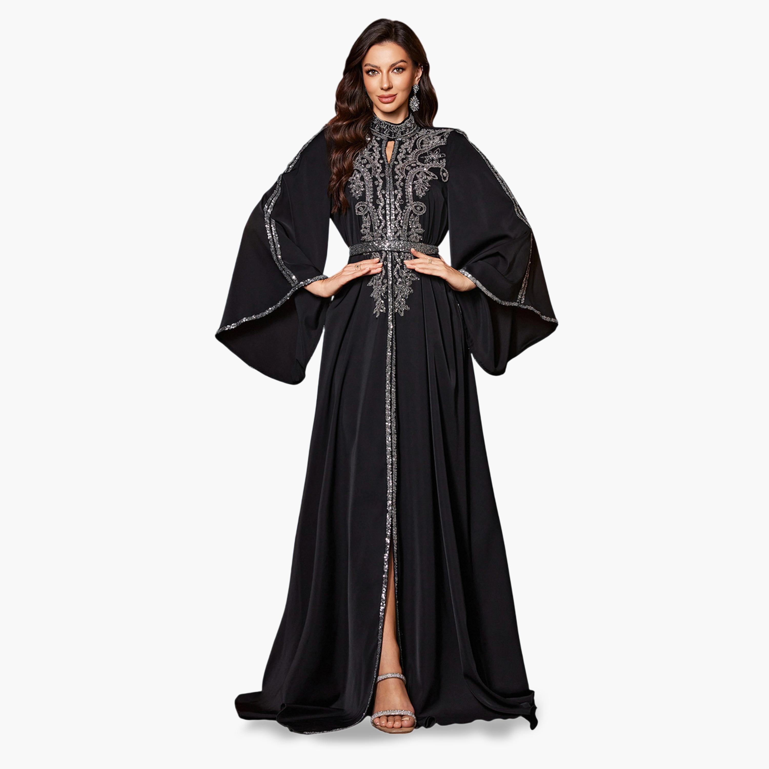 UNITHORSE X Styli Black Sequin Long Sleeves A-Line Maxi Dress-women-clothing-dresses-image-1