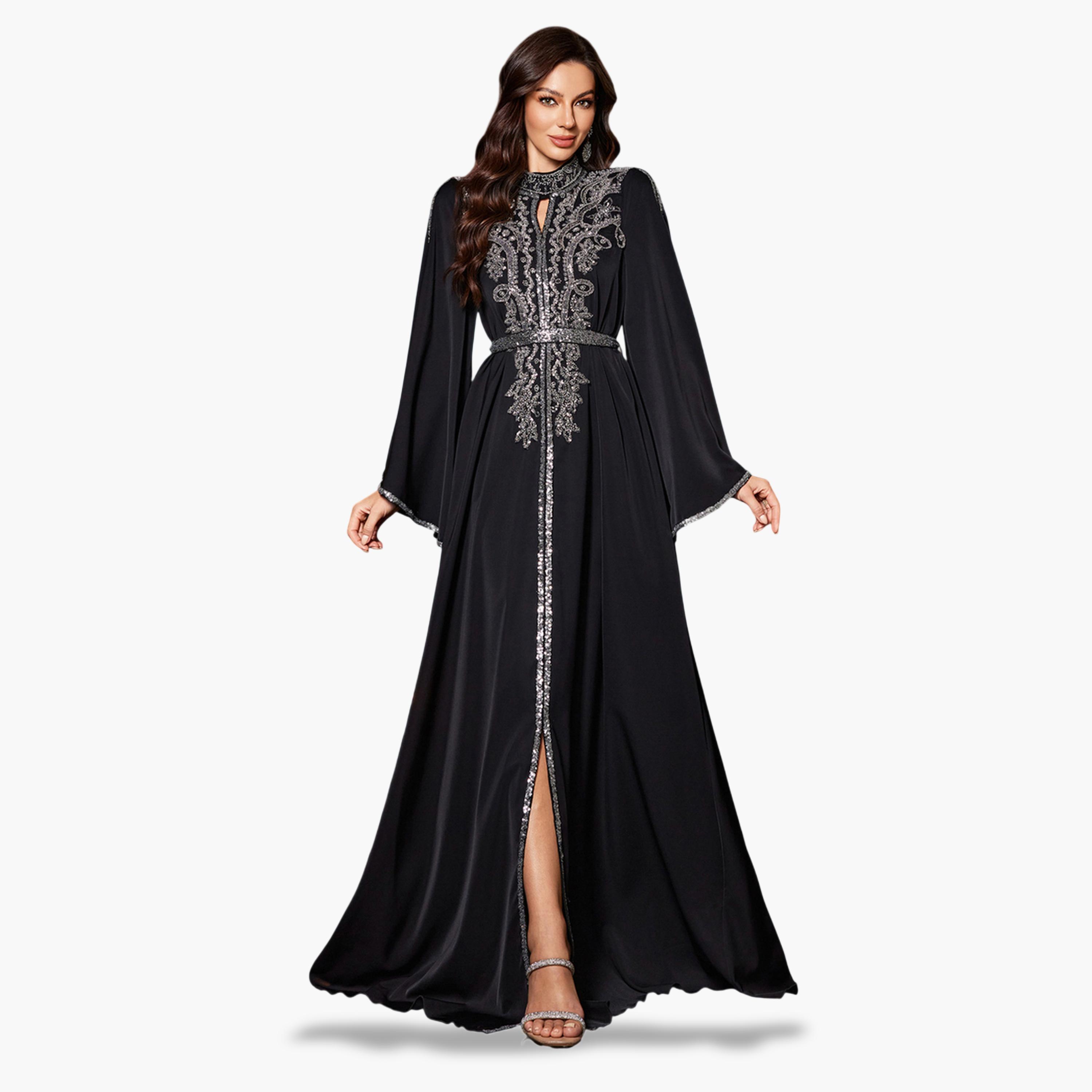 UNITHORSE X Styli Black Sequin Long Sleeves A-Line Maxi Dress-women-clothing-dresses-image-3